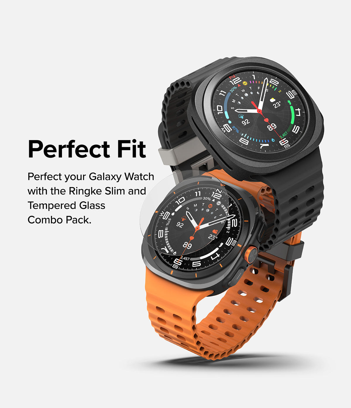 Galaxy Watch Ultra | Slim & Glass - Two Galaxy Watch Ultra units with protective cases and glass screen protectors.