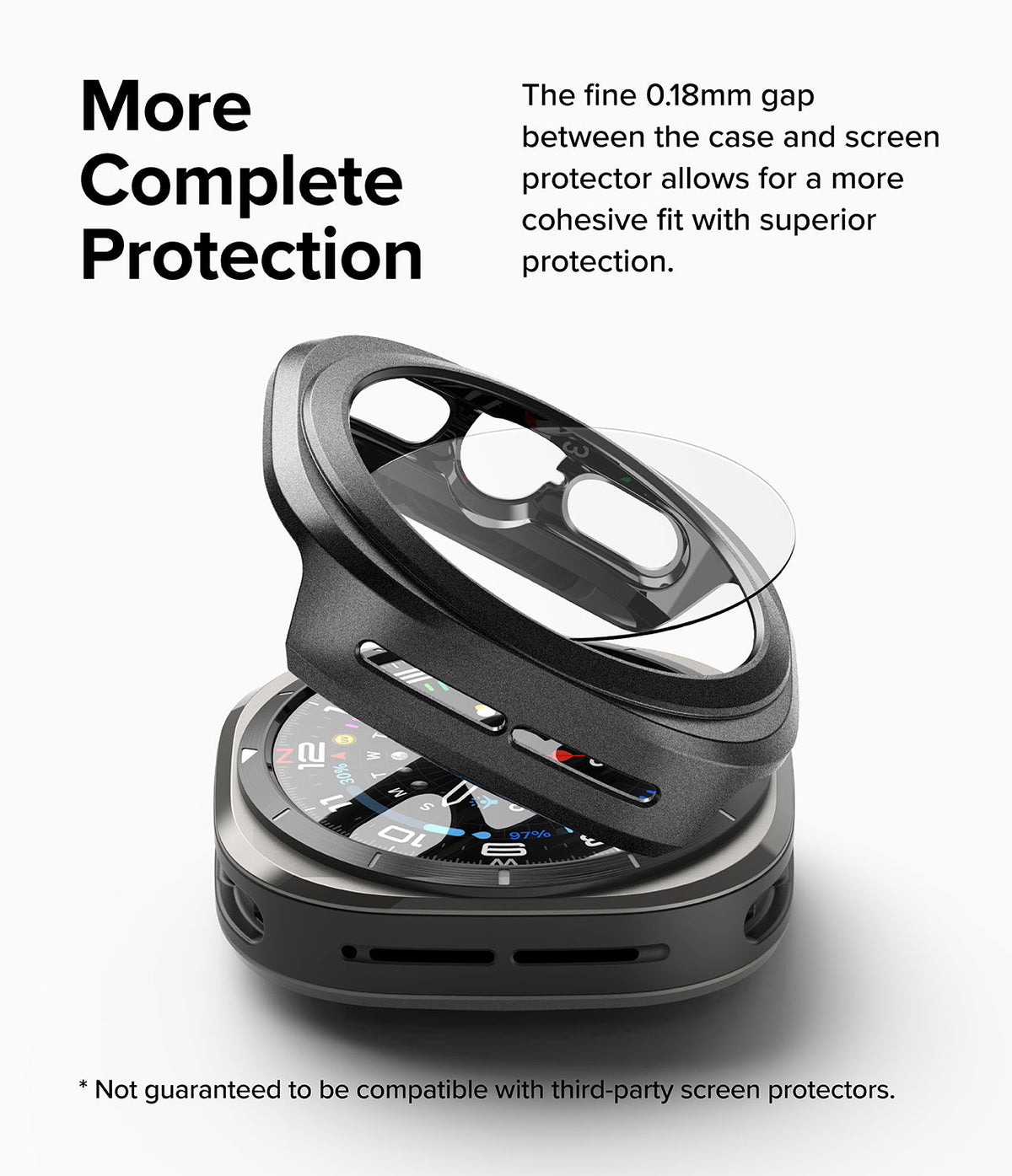 Galaxy Watch Ultra | Slim & Glass - Protective black watch case hovering above a smartwatch with a glass screen protector.