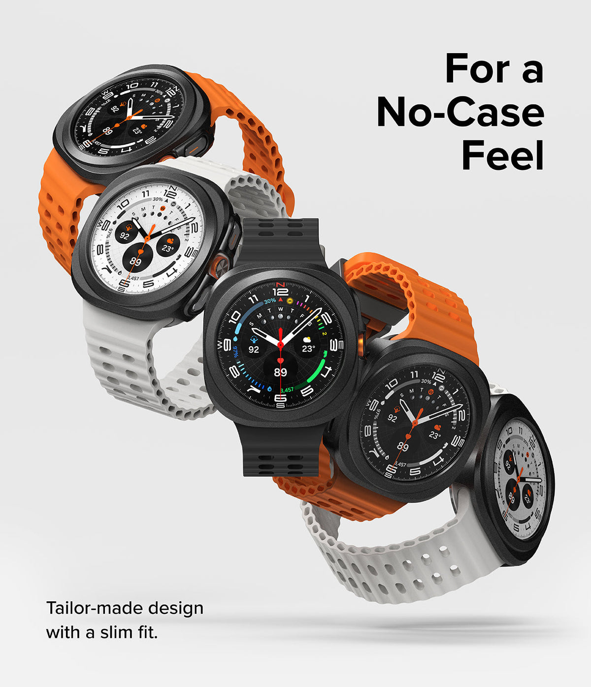 Galaxy Watch Ultra | Slim & Glass - Five Galaxy Watch Ultra smartwatches with orange and white bands floating in a row.