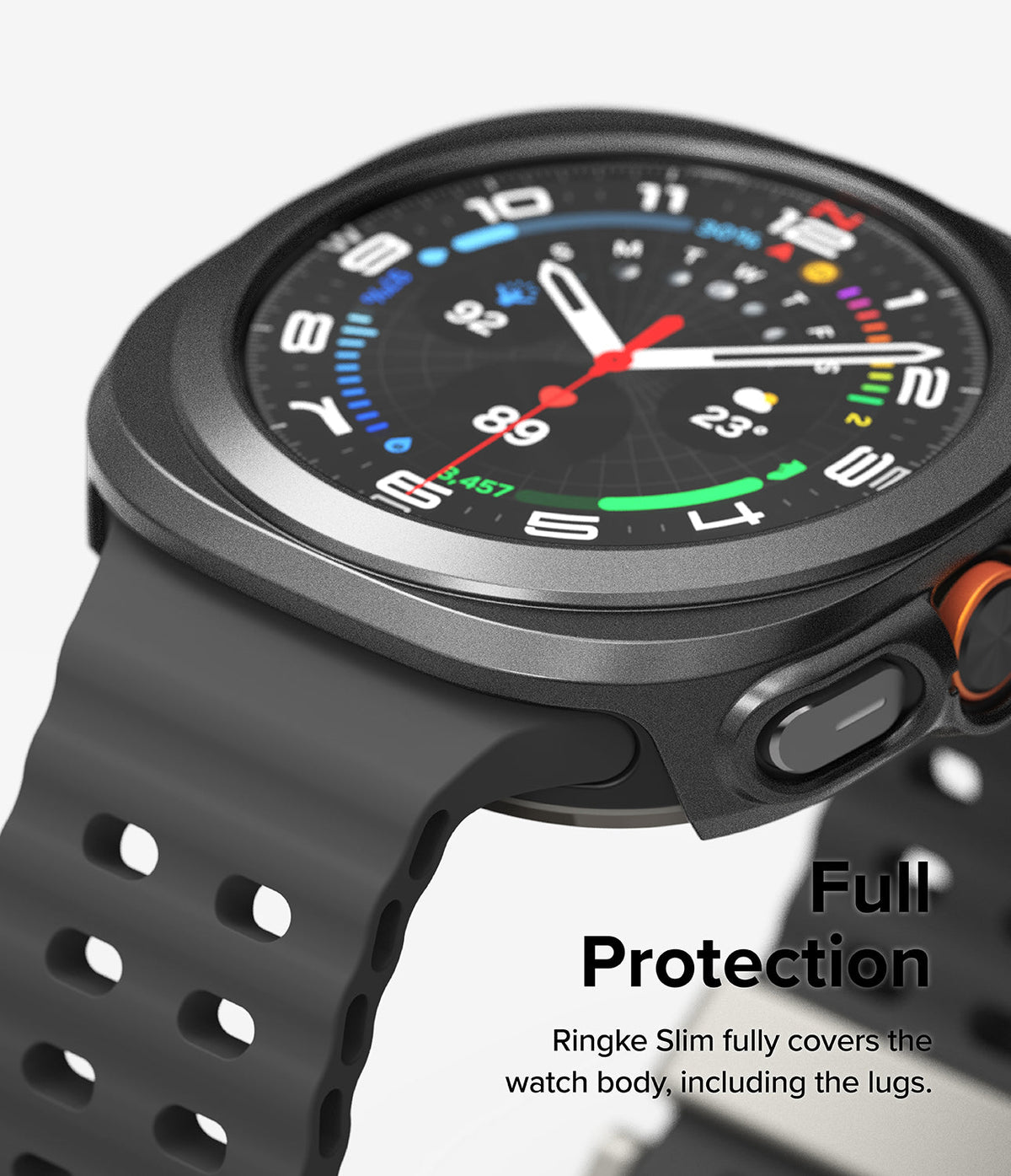 Galaxy Watch Ultra | Slim & Glass - Close-up of a black protective case on a Galaxy Watch Ultra with a perforated strap.