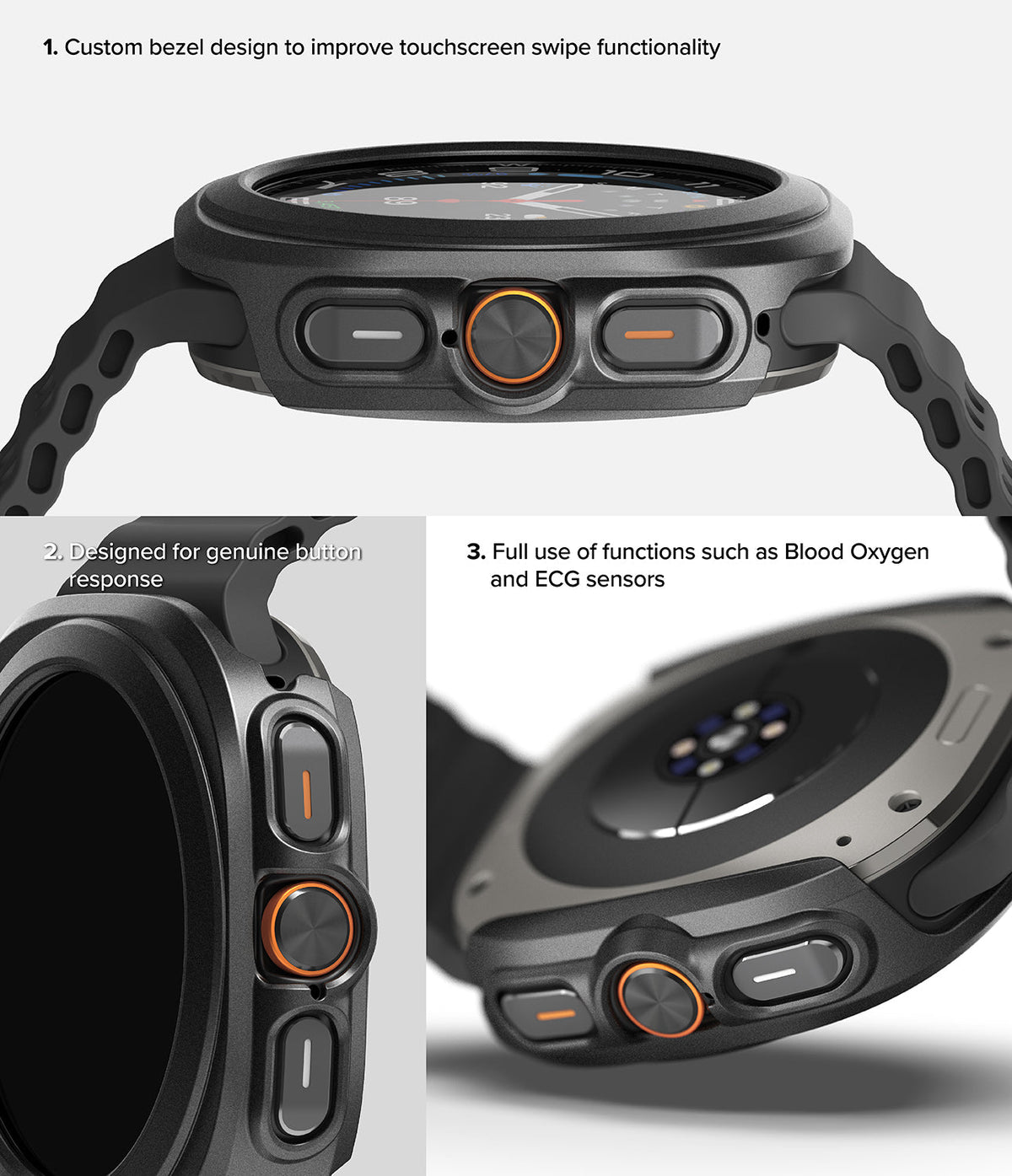 Galaxy Watch Ultra | Slim & Glass - Close-up views of a black watch case highlighting bezel design, responsive buttons, and sensor access.