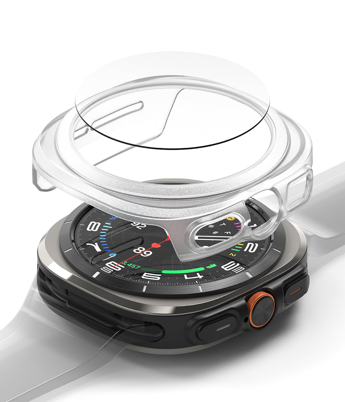 Galaxy Watch Ultra | Slim & Glass - A transparent protective case and screen protector hovering above a Galaxy Watch Ultra.