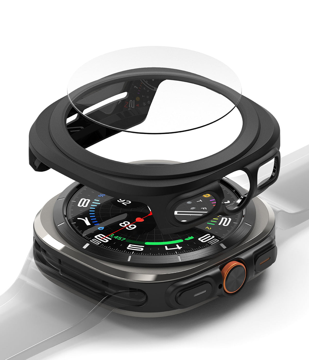 Galaxy Watch Ultra | Slim & Glass - Exploded view of a black protective watch case and glass screen protector above a smartwatch.