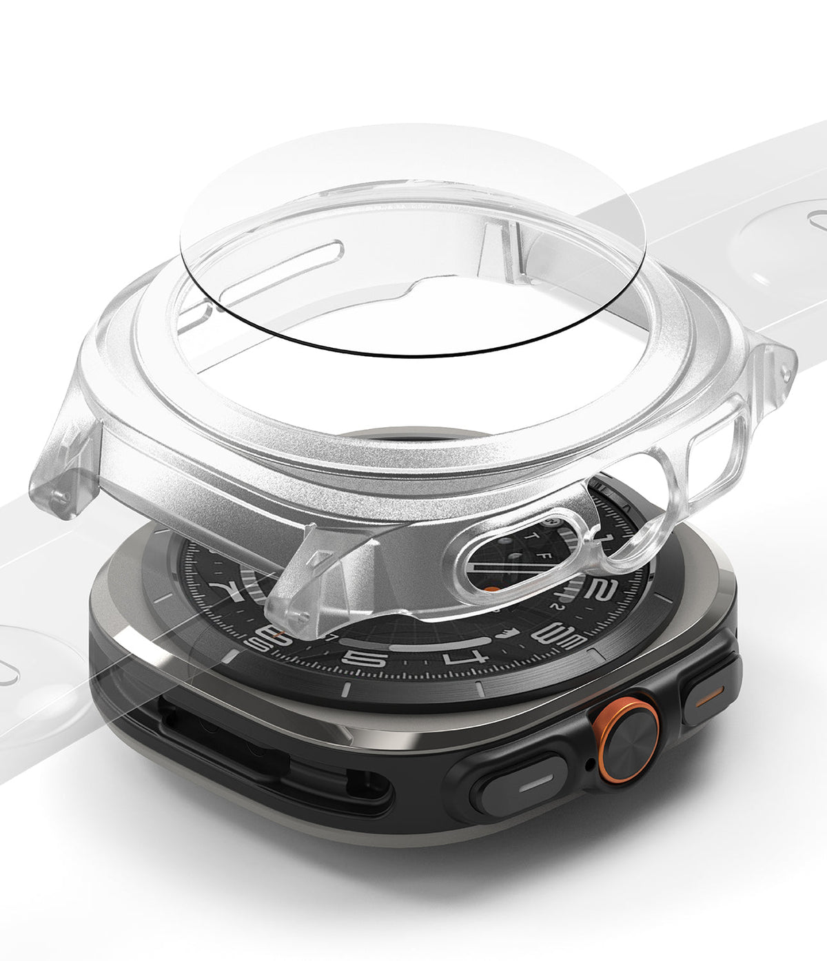 Galaxy Watch Ultra | Slim Extend & Glass - A clear protective case and screen protector hovering above a Galaxy Watch Ultra.