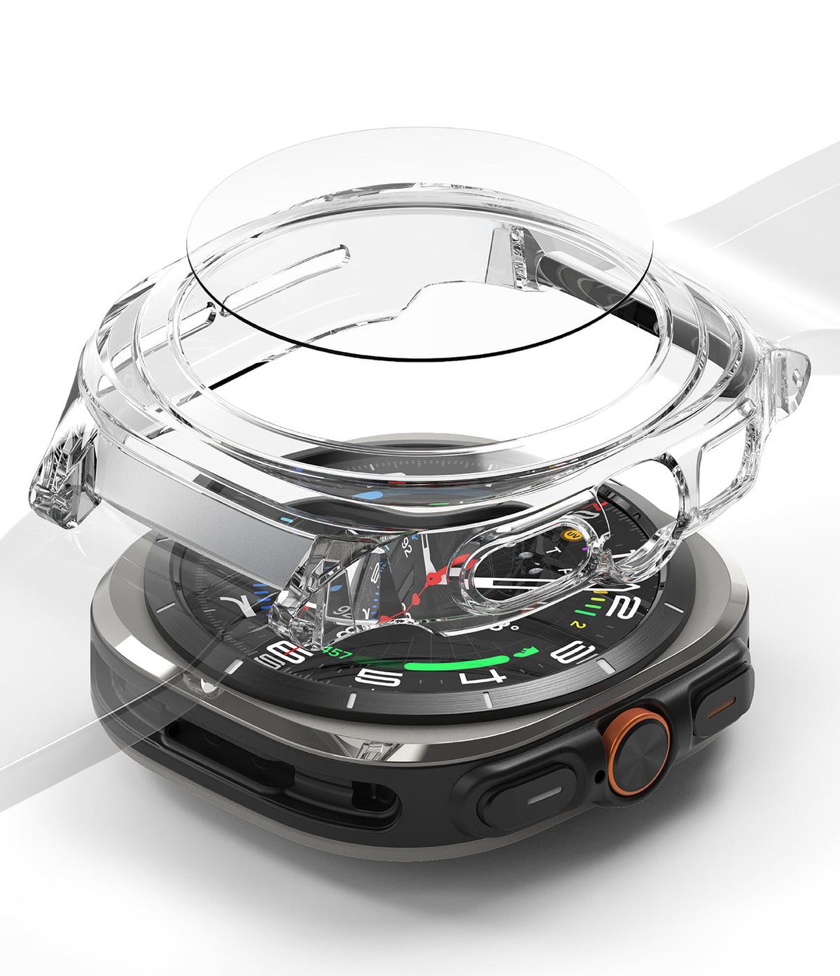 Galaxy Watch Ultra | Slim Extend & Glass - Transparent protective case and screen protector hovering over a smartwatch.
