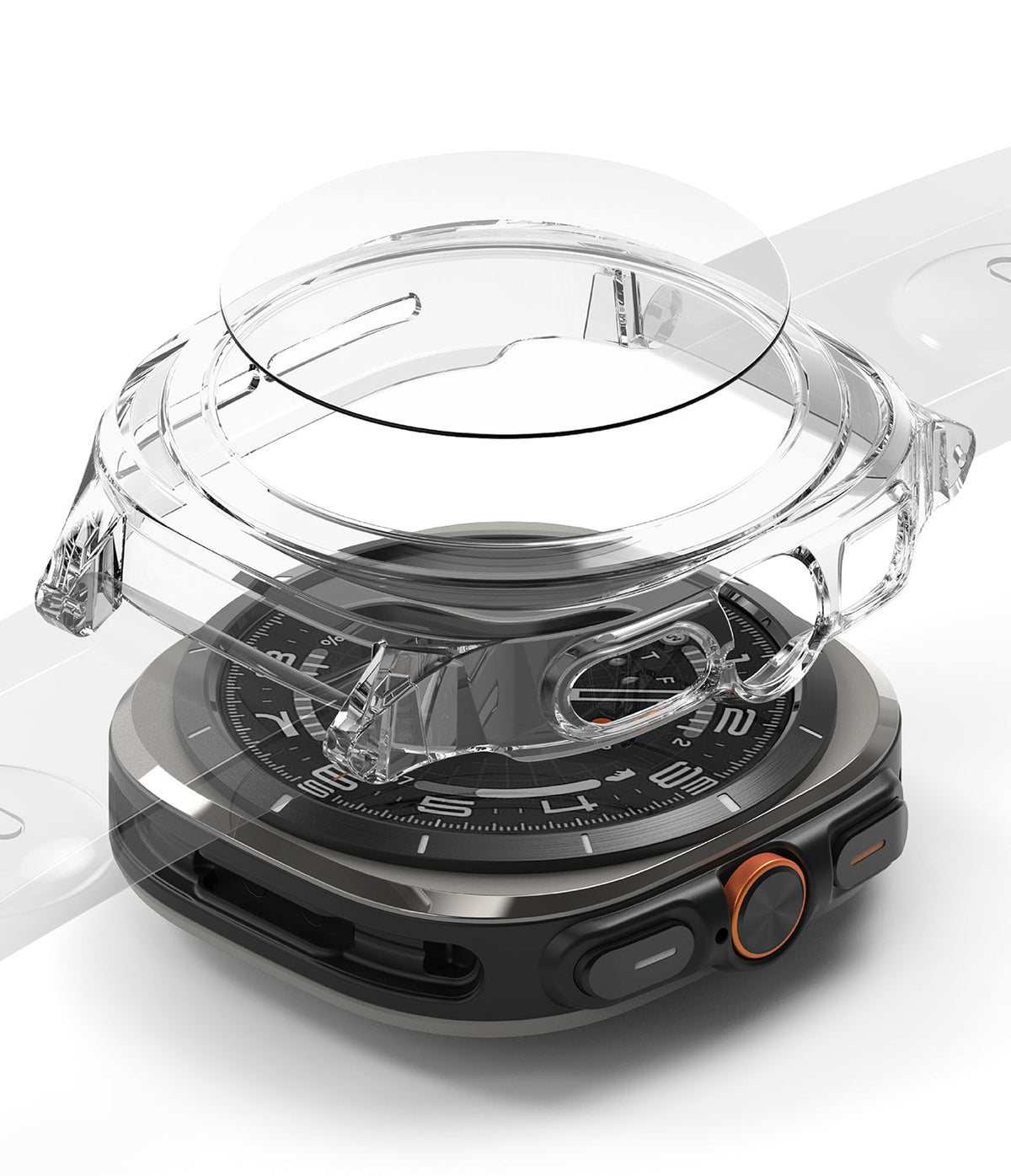 Galaxy Watch Ultra | Slim Extend & Glass - A clear protective case and screen guard hovering above a Galaxy Watch Ultra.