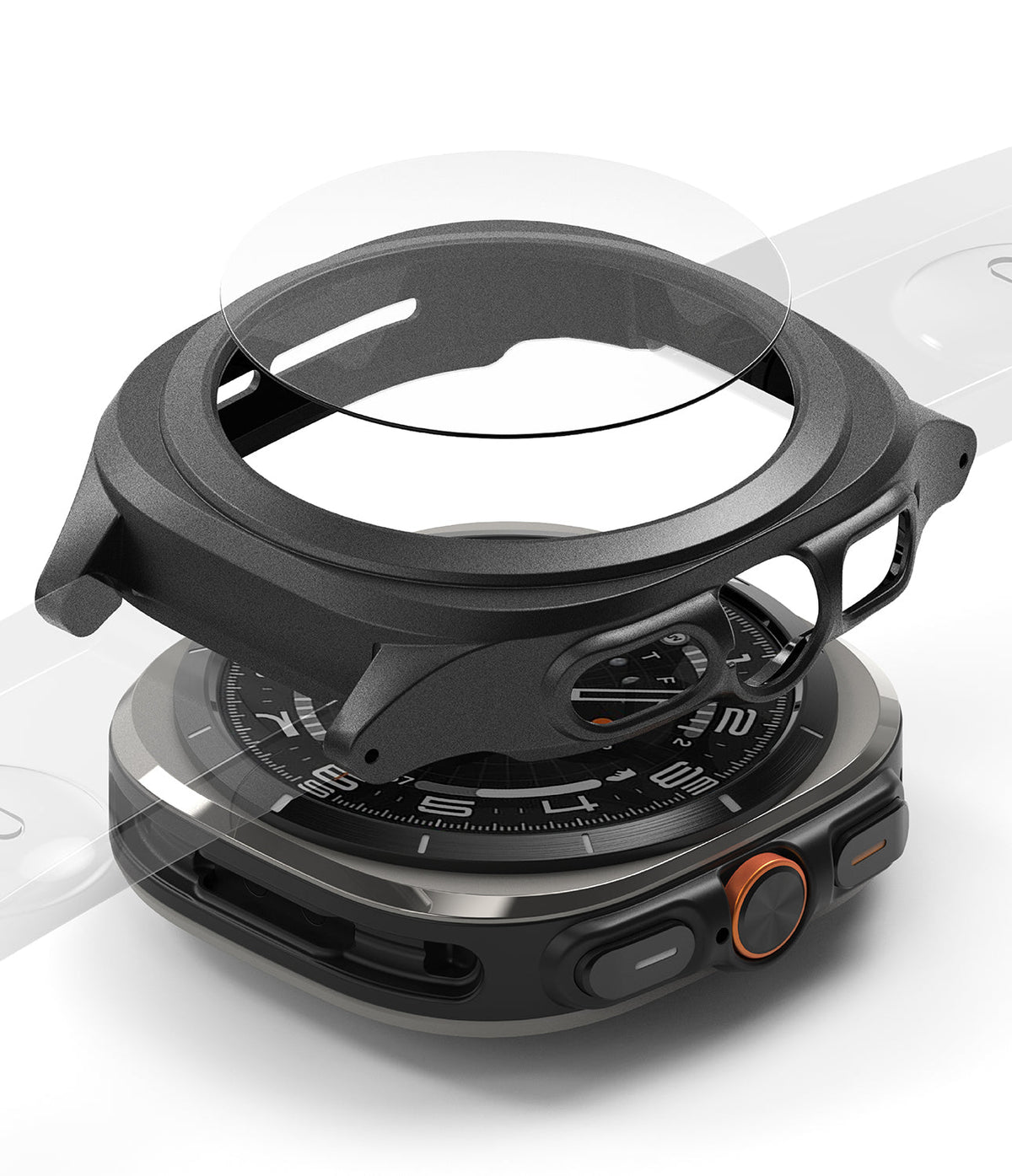 Galaxy Watch Ultra | Slim Extend & Glass - Exploded view of a black protective watch case and screen protector above a Galaxy Watch Ultra.
