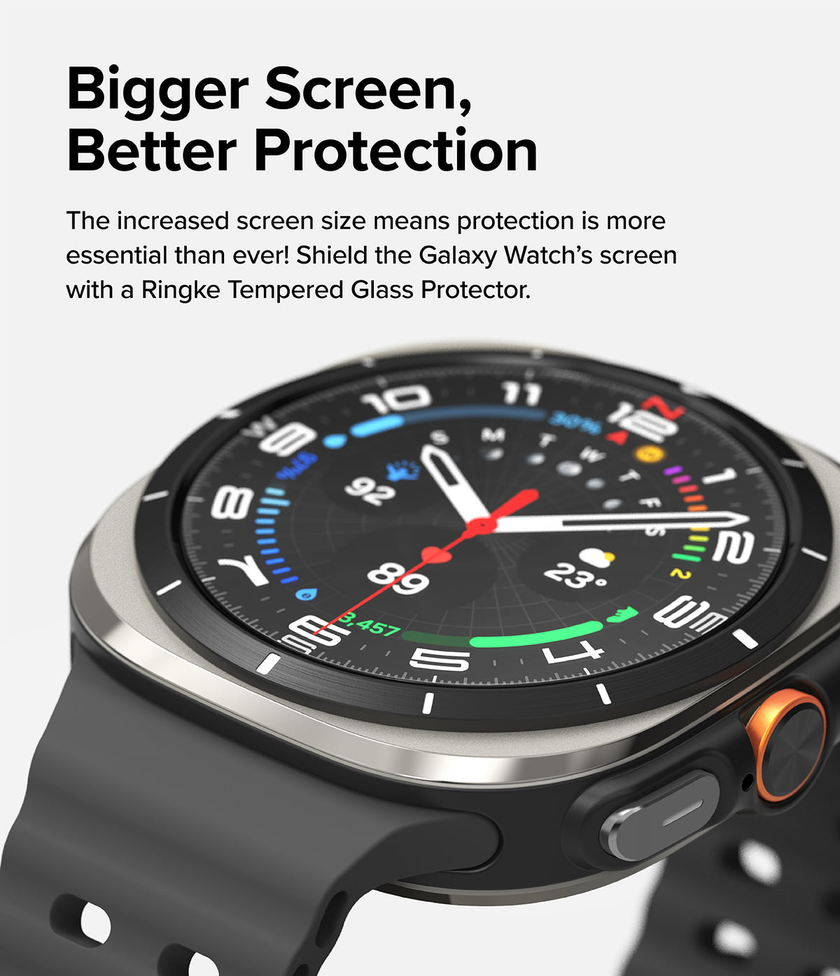 Galaxy Watch Ultra Screen Protector | Glass - R10 - Close-up of a Galaxy Watch Ultra with a clear tempered glass screen protector.