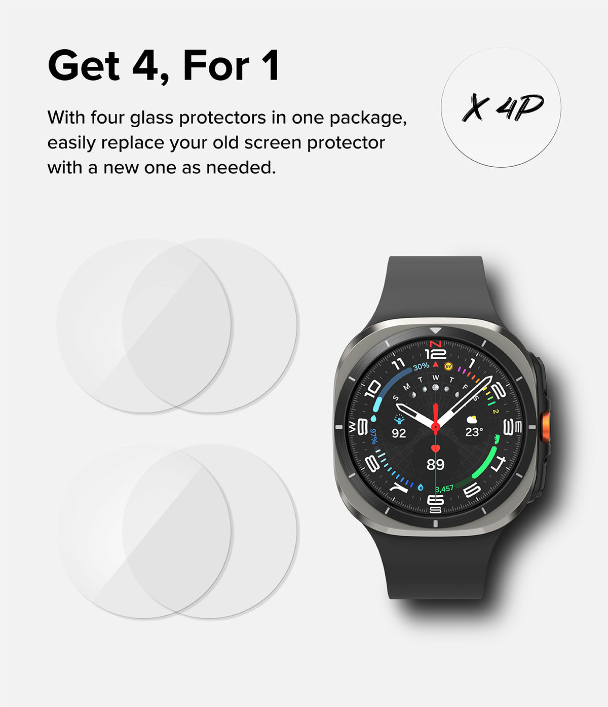 Galaxy Watch Ultra Screen Protector | Glass - R10 - Galaxy Watch Ultra Screen Protector - Four circular glass protectors next to a Galaxy Watch Ultra with a digital face.