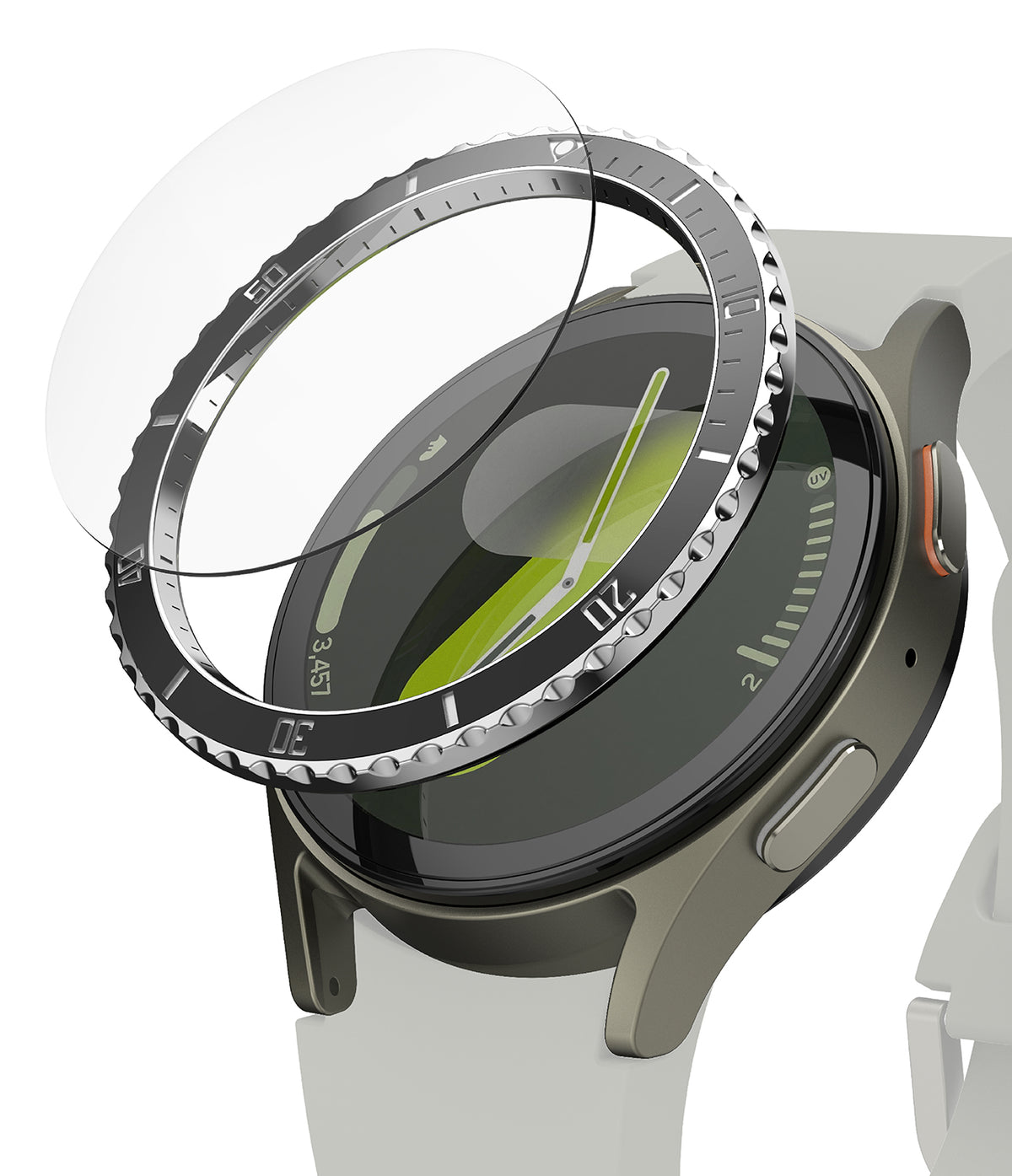 Galaxy Watch 7 40mm | Bezel Styling Premium & Glass - A metallic bezel ring and glass screen protector hovering above a watch.