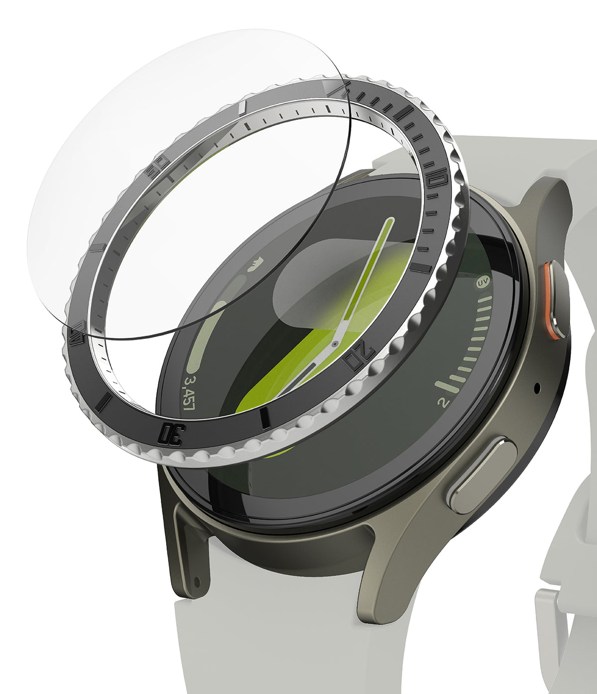 Galaxy Watch 7 40mm | Bezel Styling Premium & Glass - A metallic bezel ring and glass screen protector hovering above a smartwatch.