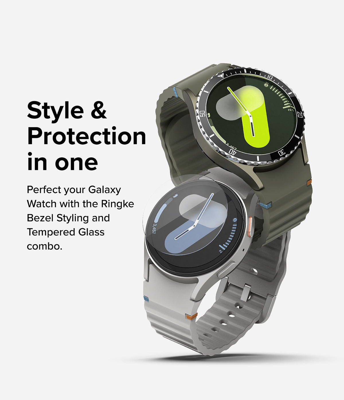 Galaxy Watch 7 40mm | Bezel Styling Premium & Glass - Two Galaxy Watches with protective bezel styling and glass screen.