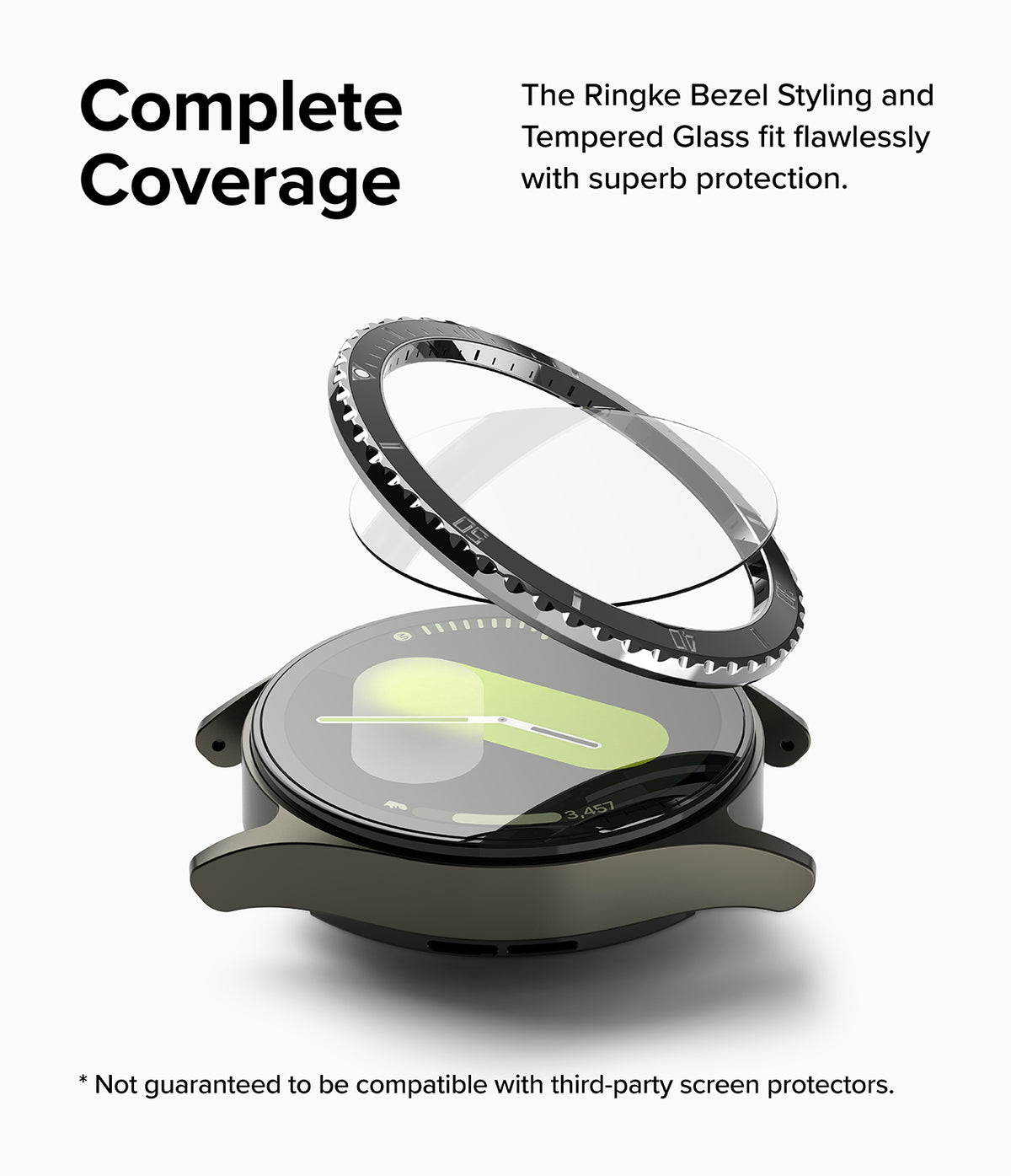 Galaxy Watch 7 40mm | Bezel Styling Premium & Glass - Bezel and screen protector hovering above a Galaxy Watch 7.