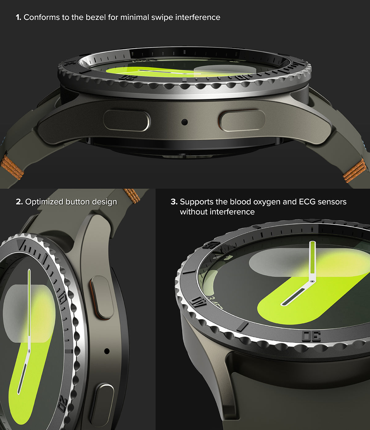 Galaxy Watch 7 40mm | Bezel Styling Premium & Glass - Close-up views of watch bezel, buttons, and sensor compatibility.