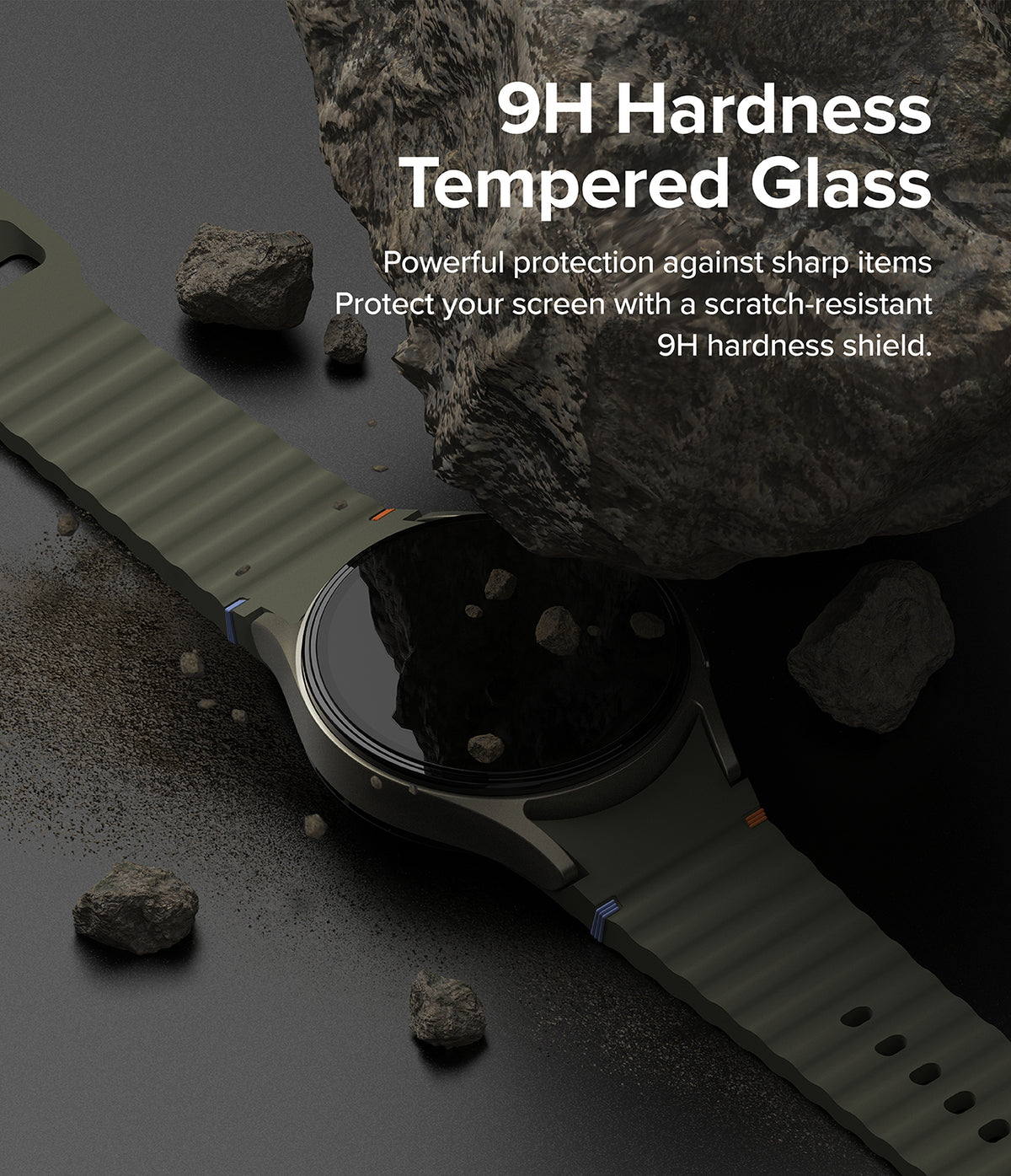 Galaxy Watch 7 40mm | Bezel Styling Premium & Glass - Smartwatch with protective glass under a large rock on dark surface.