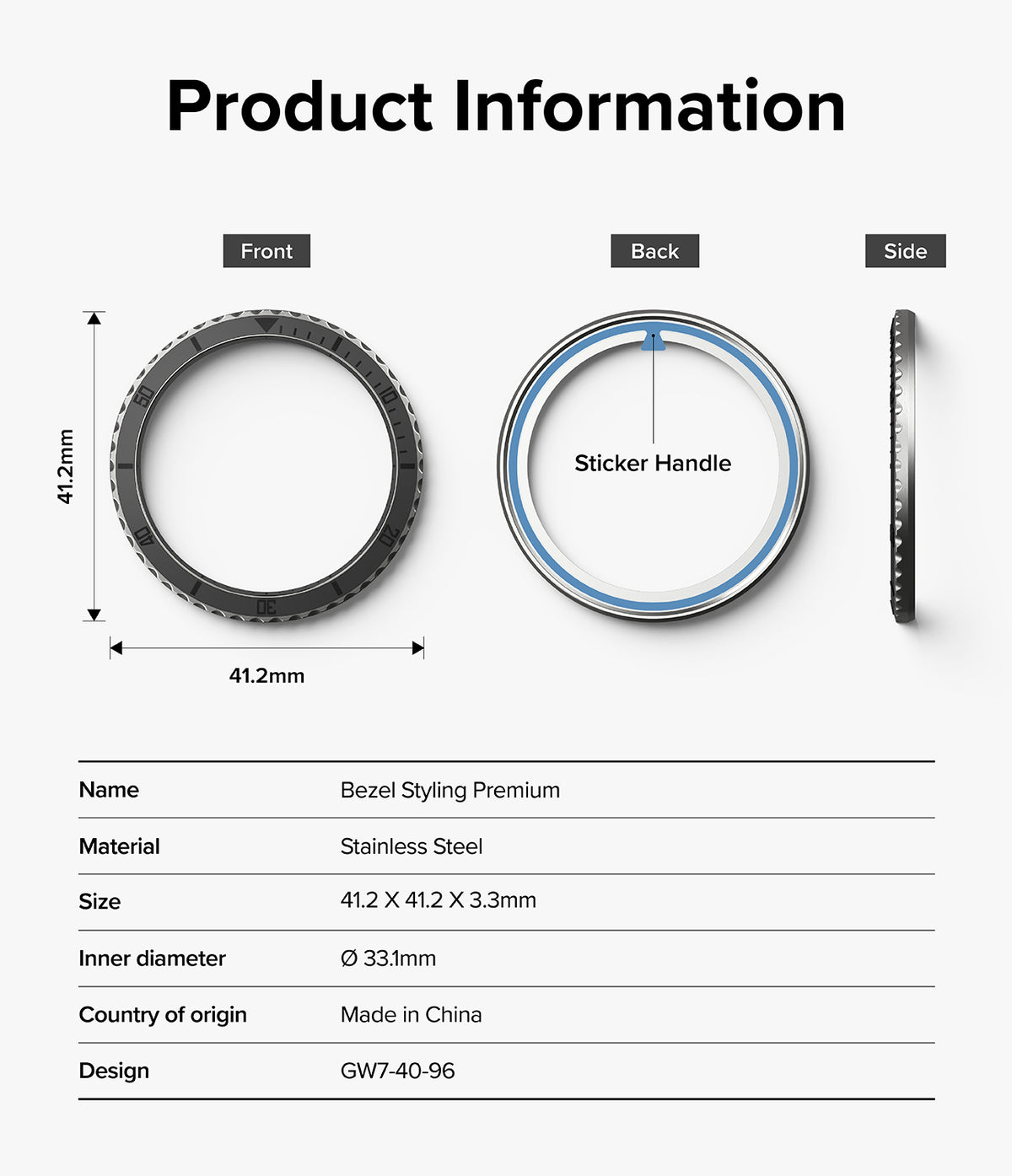 Galaxy Watch 7 40mm | Bezel Styling Premium & Glass - Technical diagram showing front, back, and side views of a stainless steel watch bezel with dimensions.