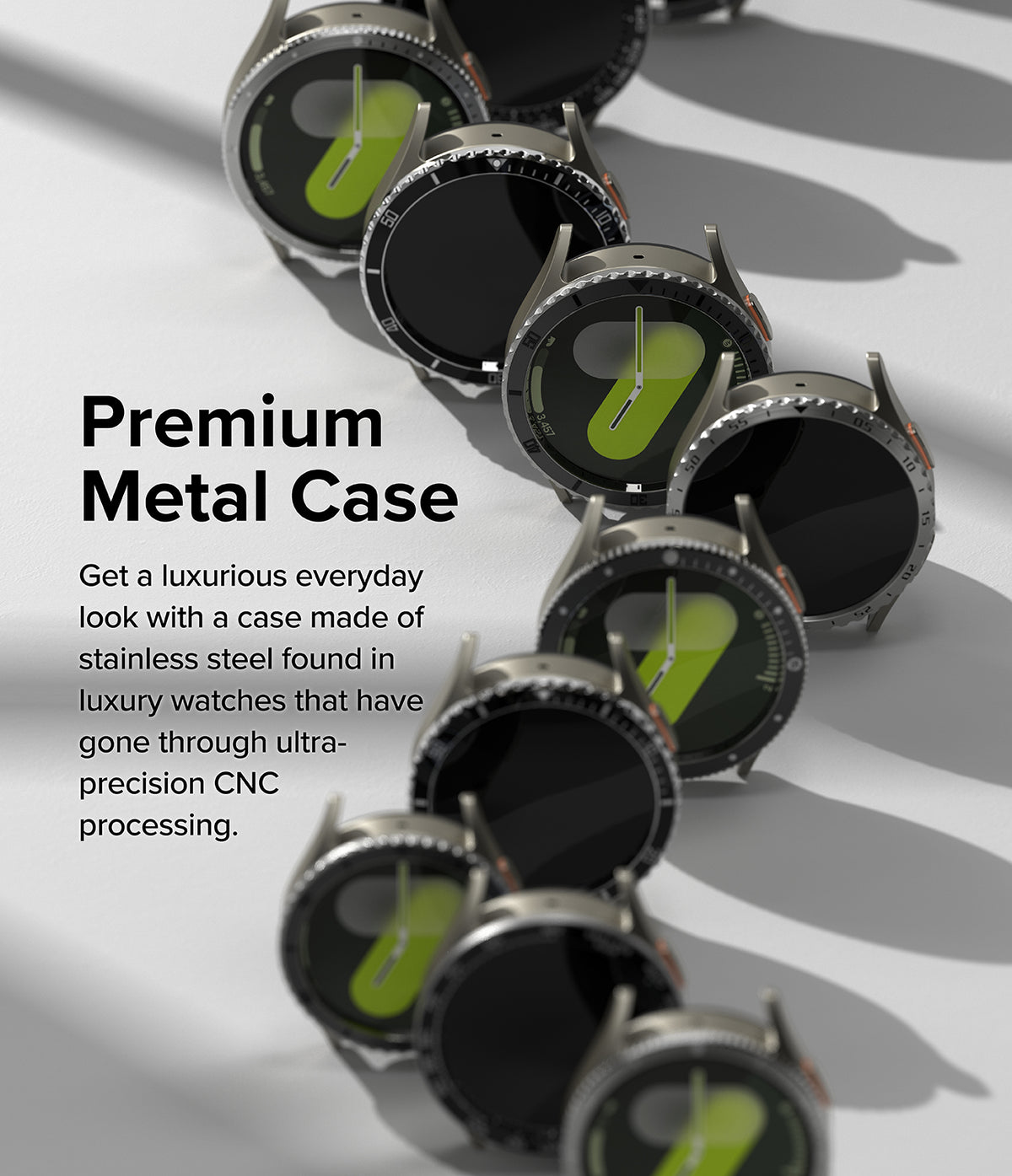Galaxy Watch 7 40mm | Bezel Styling Premium & Glass - Multiple Galaxy Watch 7 units with metallic bezels arranged in a row.