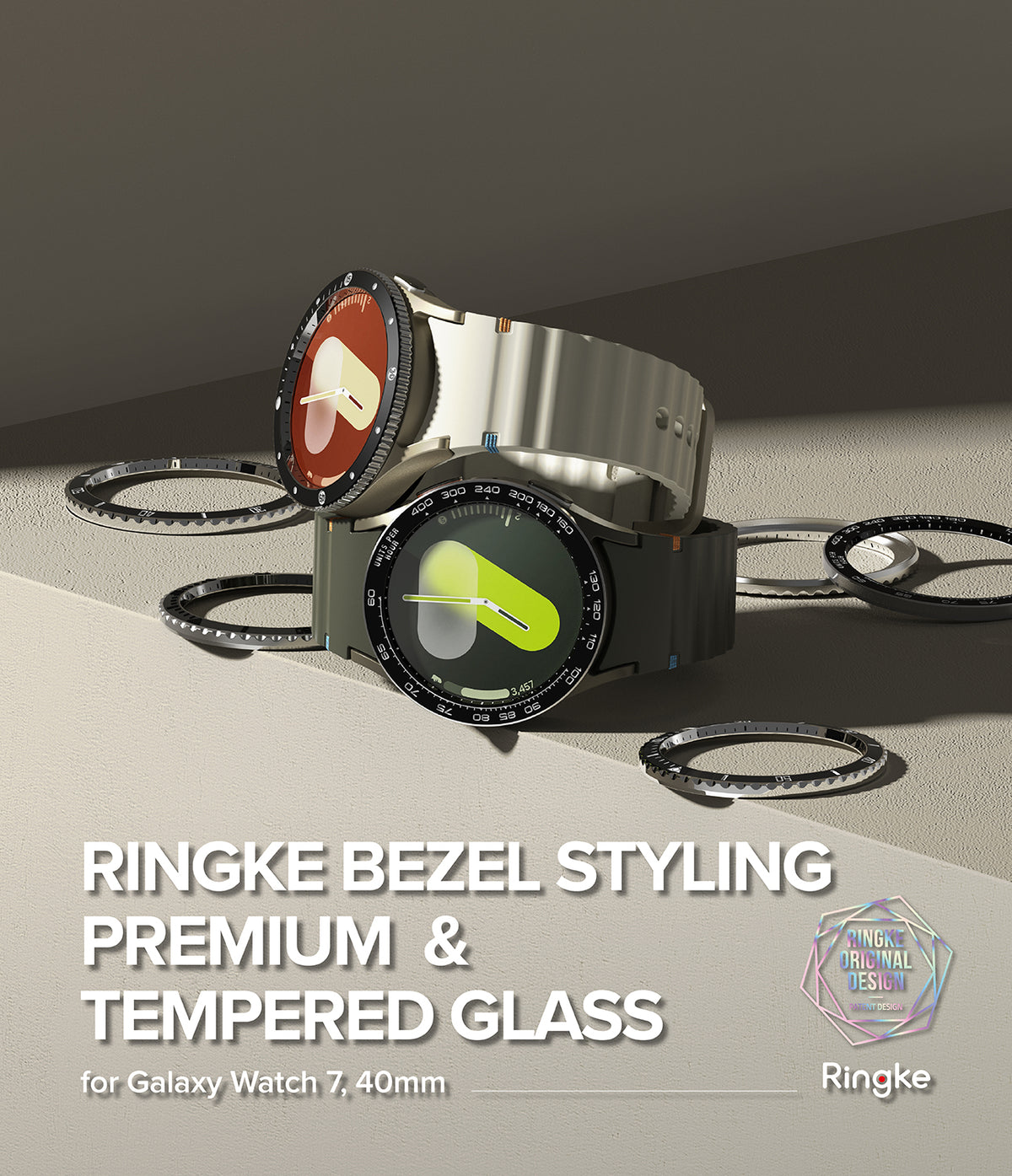 Galaxy Watch 7 40mm | Bezel Styling Premium & Glass - Two Galaxy Watch 7s with decorative bezels and scattered rings.