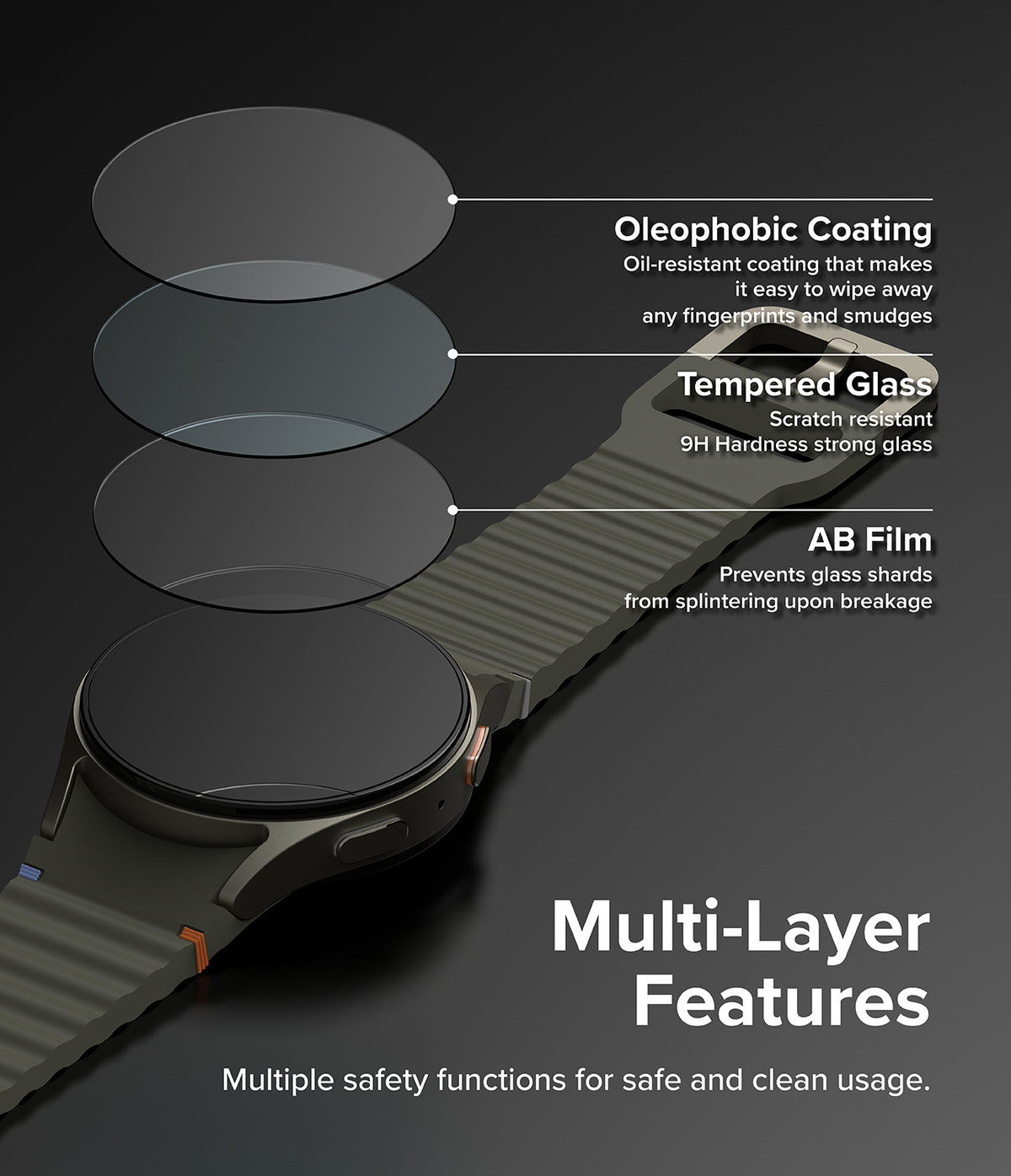 Galaxy Watch 7 40mm | Bezel Styling Premium & Glass - Exploded view showing oleophobic, tempered glass, and AB film layers.
