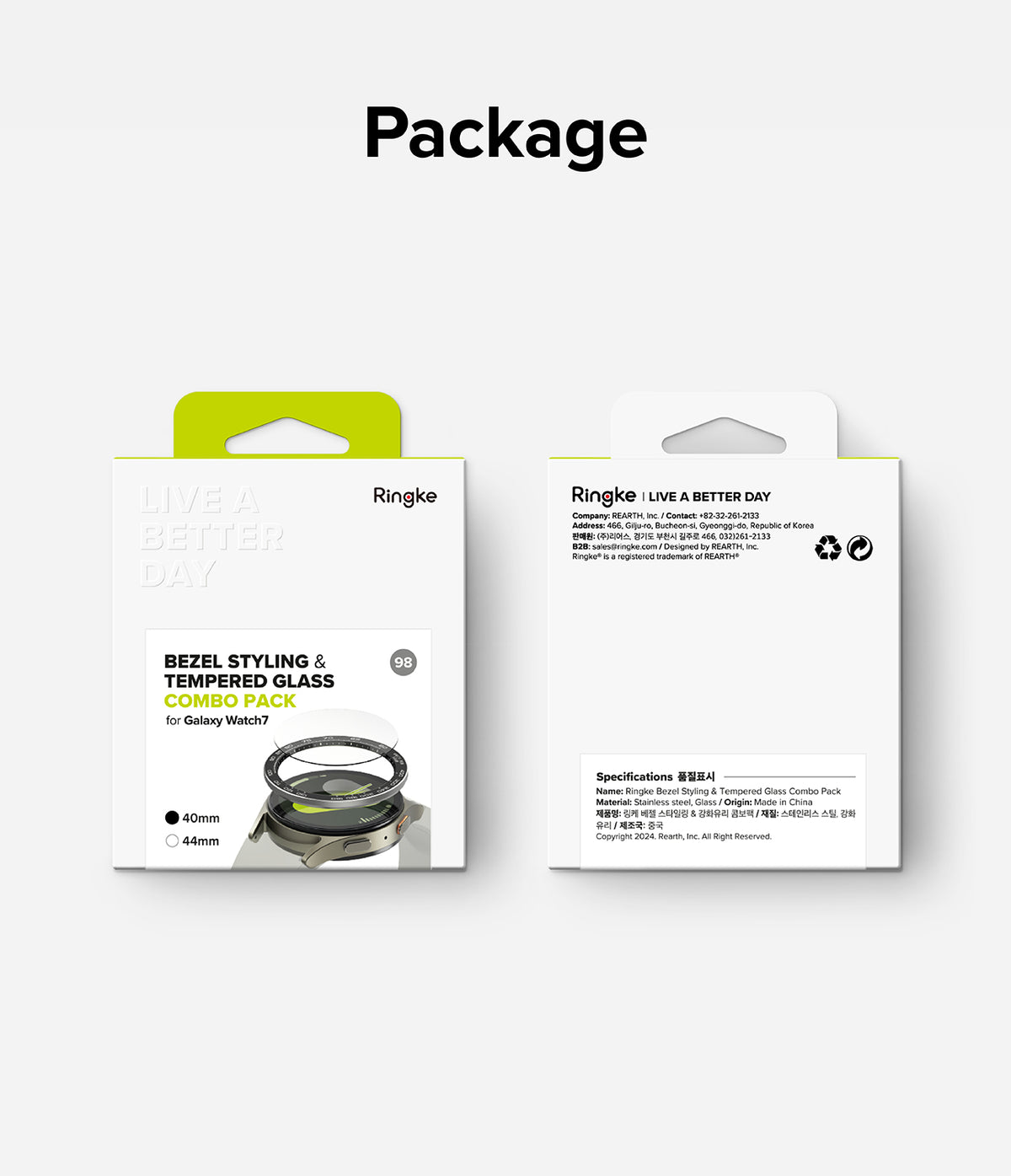 Galaxy Watch 7 40mm | Bezel Styling Premium & Glass - Front and back view of Ringke packaging for watch accessories.