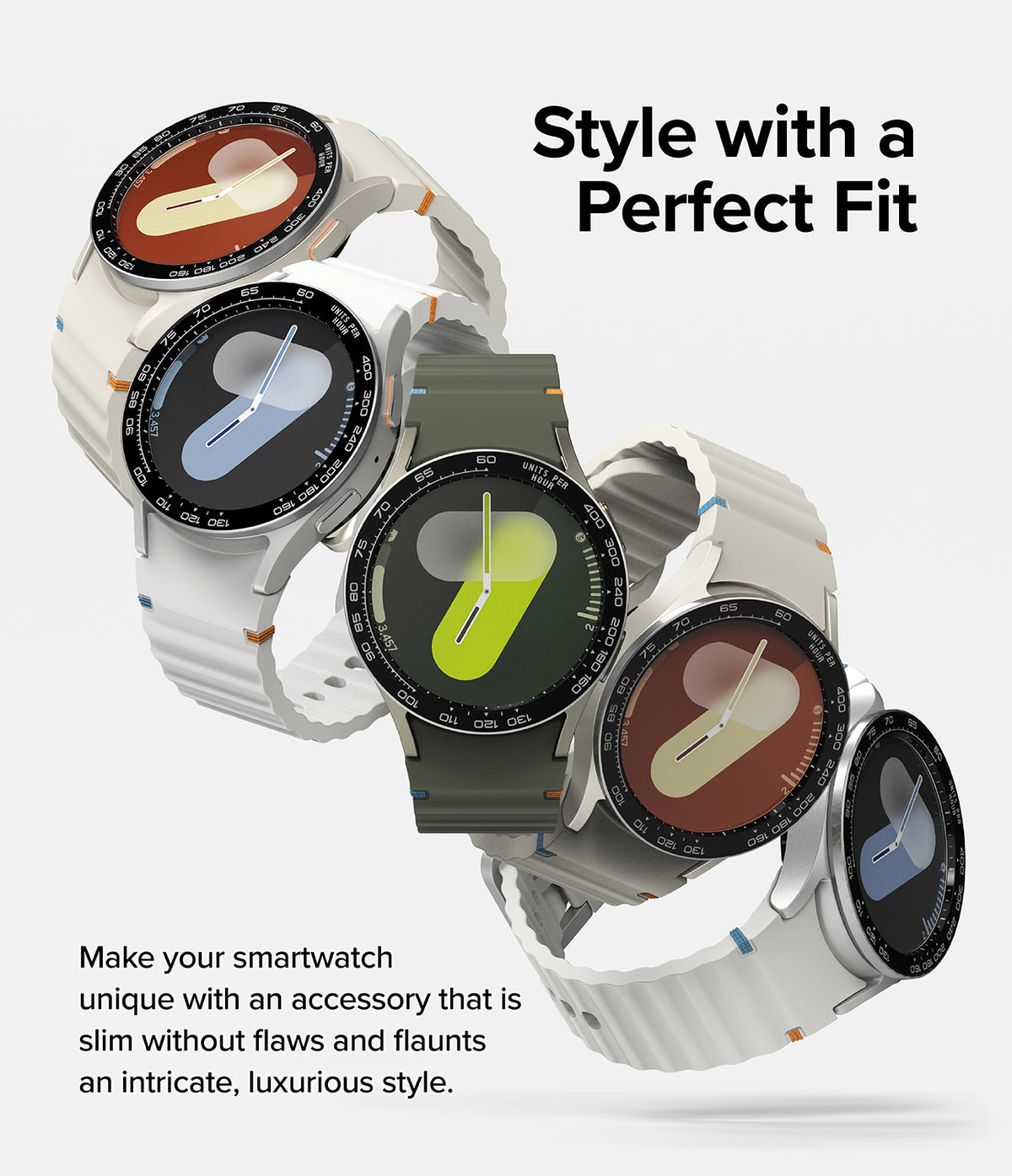 Galaxy Watch 7 40mm | Bezel Styling Premium & Glass - Four Galaxy Watch 7 units with decorative bezels and straps.