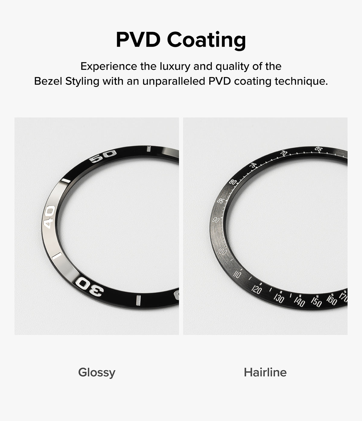 Galaxy Watch 7 40mm | Bezel Styling Premium & Glass - Comparison of glossy and hairline PVD coated watch bezels.