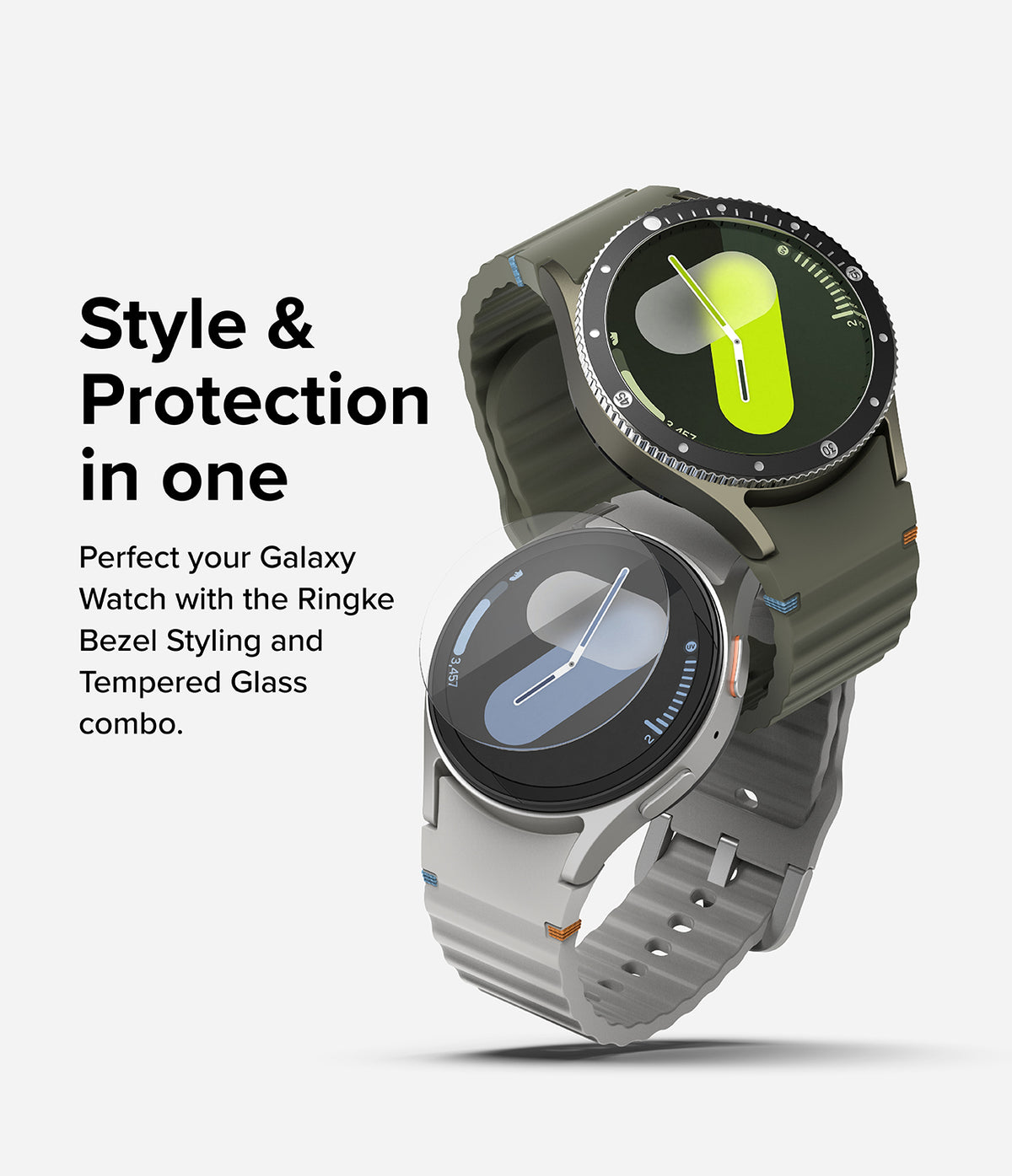Galaxy Watch 7 40mm | Bezel Styling Premium & Glass - Two Galaxy Watches with protective bezel rings and screen glass.
