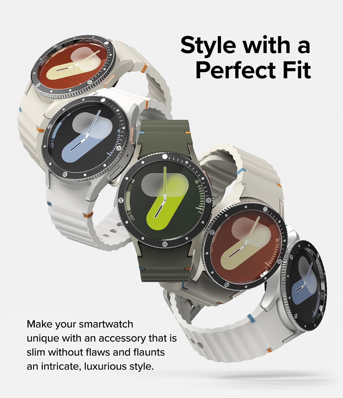 Galaxy Watch 7 40mm | Bezel Styling Premium & Glass - Four Galaxy Watch 7 units with decorative bezels and colorful bands.