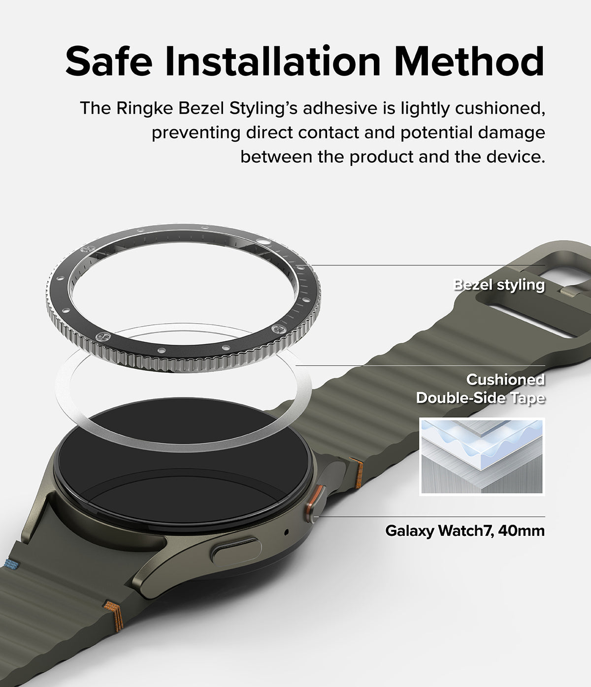 Galaxy Watch 7 40mm | Bezel Styling Premium & Glass - Exploded view of watch bezel, adhesive tape, and Galaxy Watch 7.