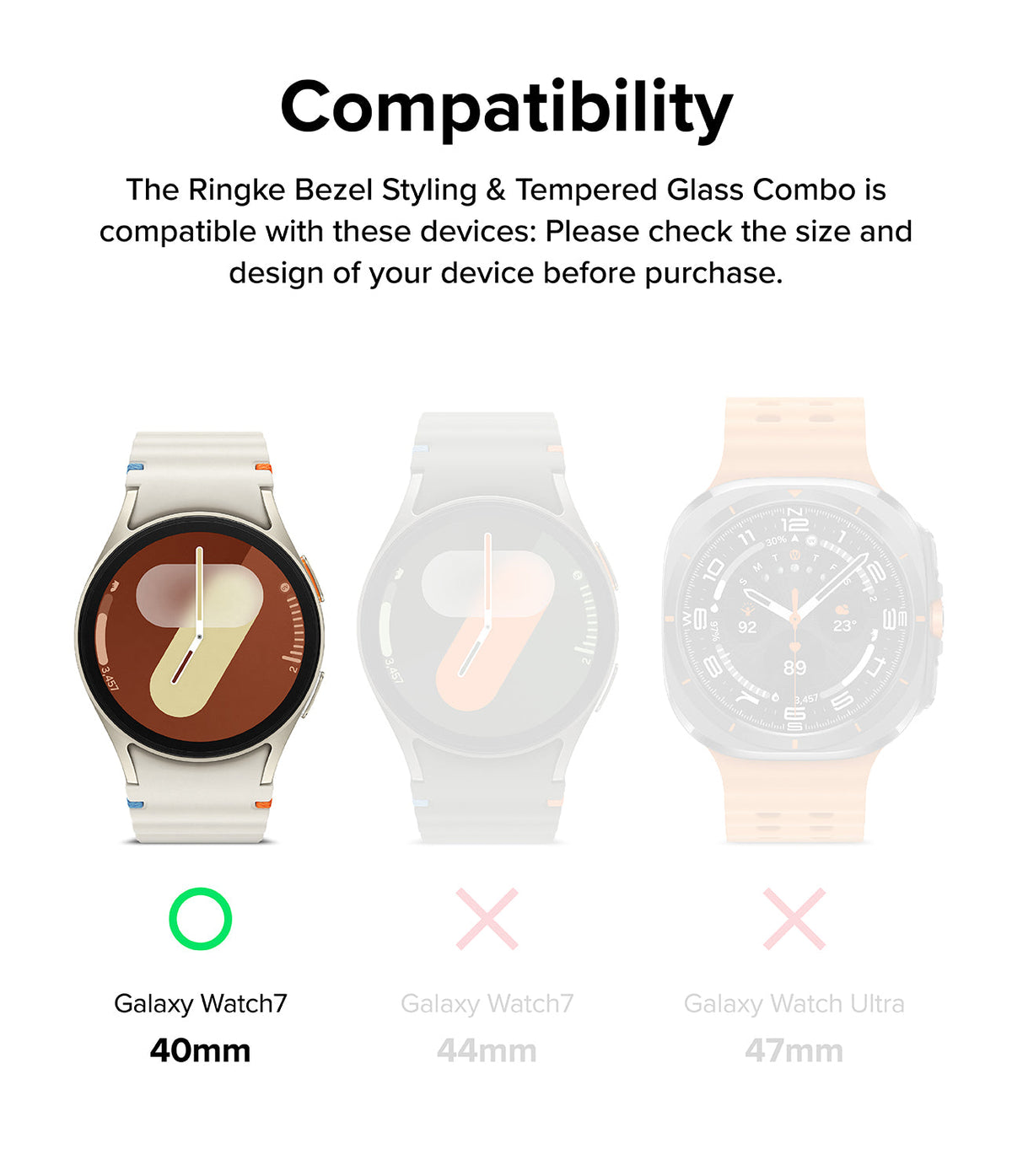 Galaxy Watch 7 (40mm) | Bezel Styling & Glass - Compatibility chart showing the 40mm model is the only supported size.