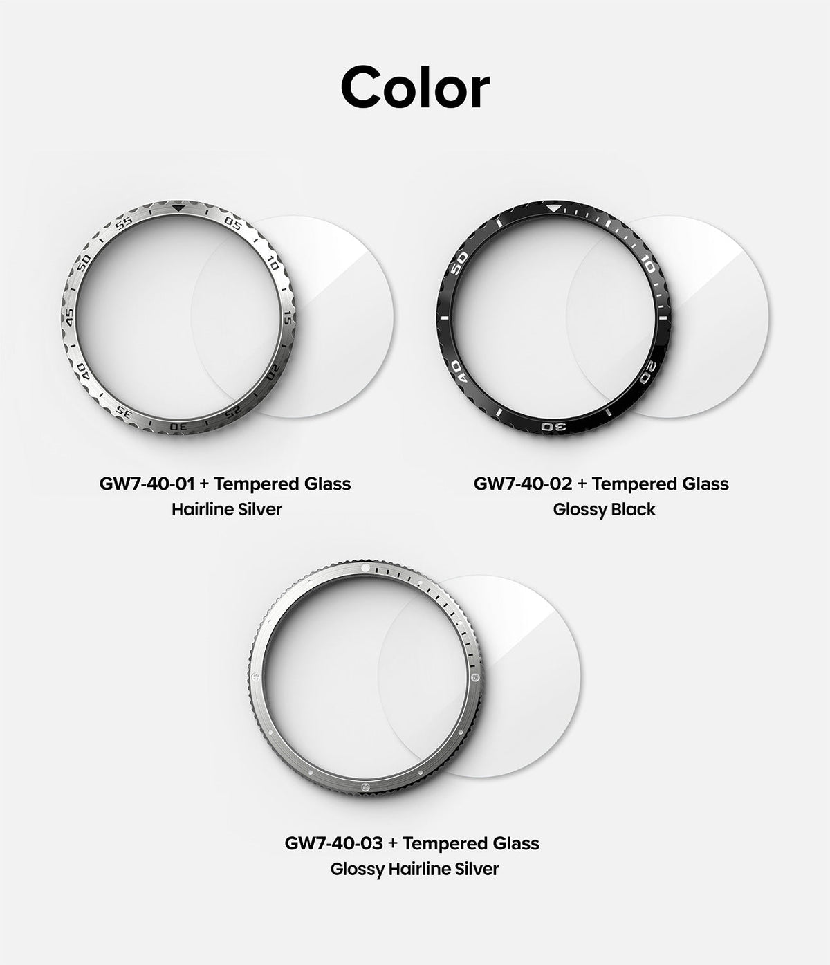 Galaxy Watch 7 (40mm) | Bezel Styling & Glass - Three sets of watch bezels and tempered glass screens in silver and black.