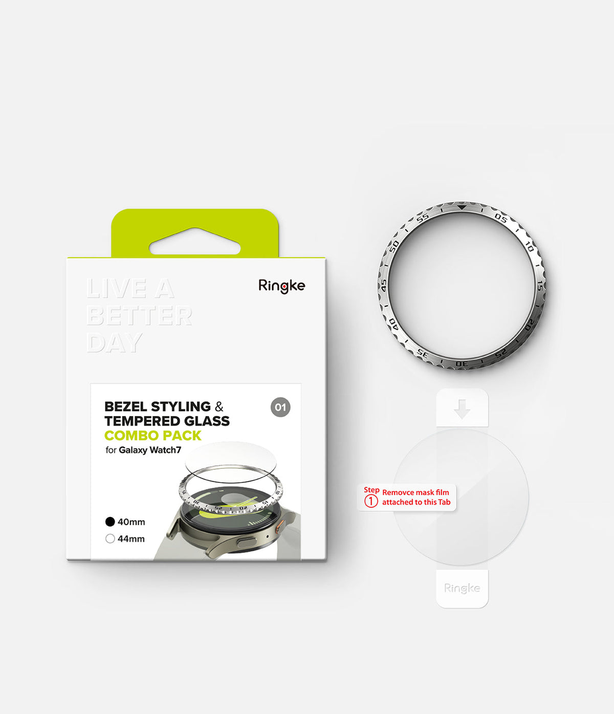 Galaxy Watch 7 (40mm) | Bezel Styling & Glass - Ringke bezel styling kit with a metal bezel ring and tempered glass screen protector.
