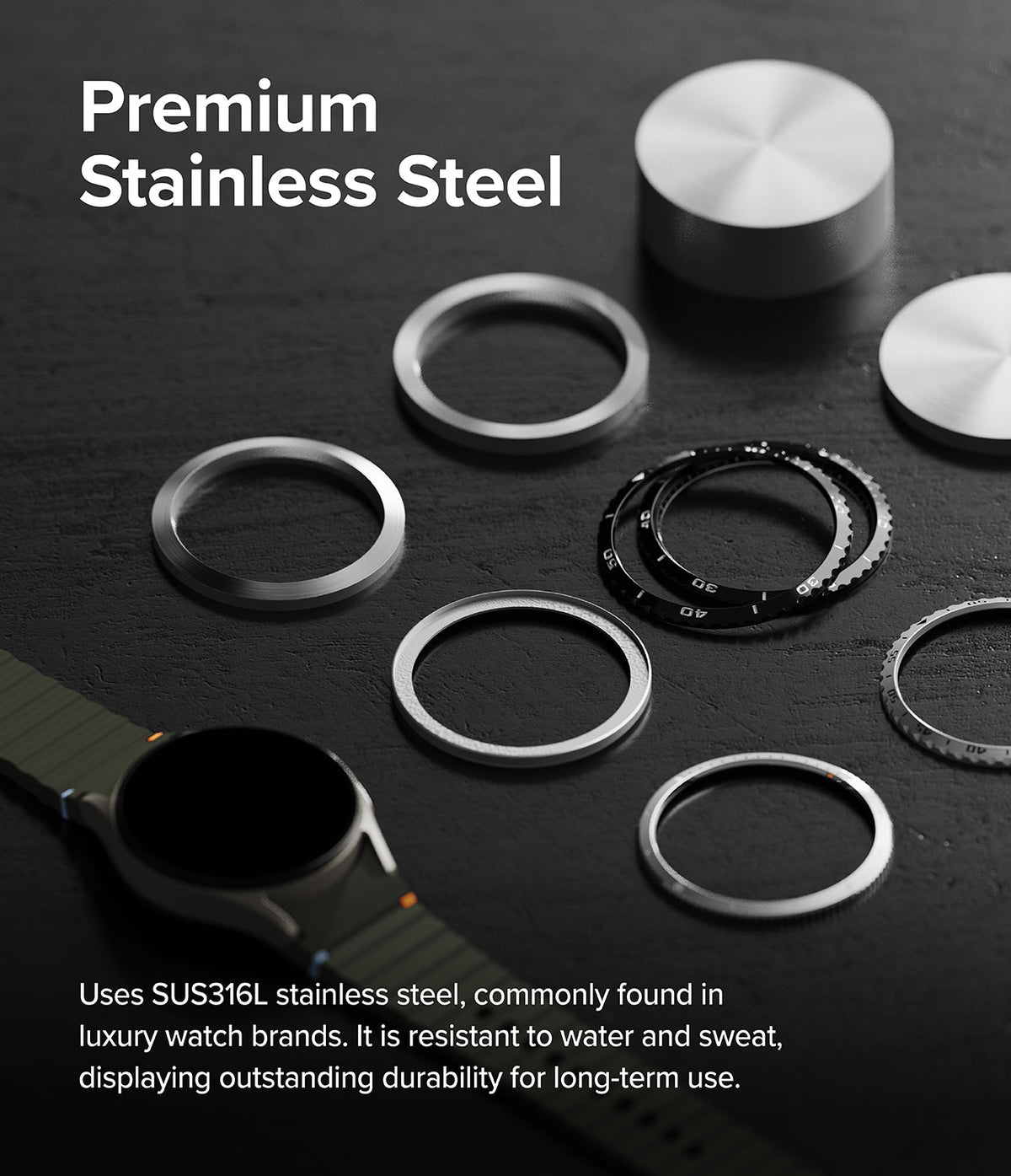 Galaxy Watch 7 (40mm) | Bezel Styling & Glass - Stainless steel watch bezels arranged on a dark surface near a smartwatch.