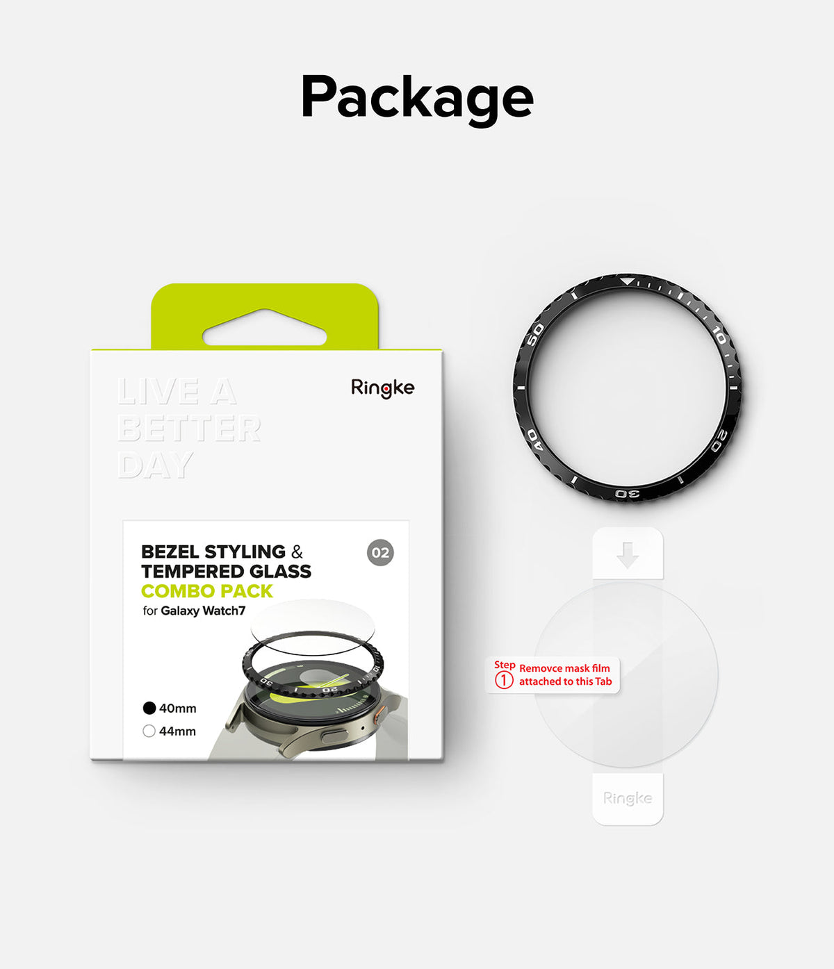 Galaxy Watch 7 (40mm) | Bezel Styling & Glass - Ringke bezel styling and tempered glass screen protector kit.
