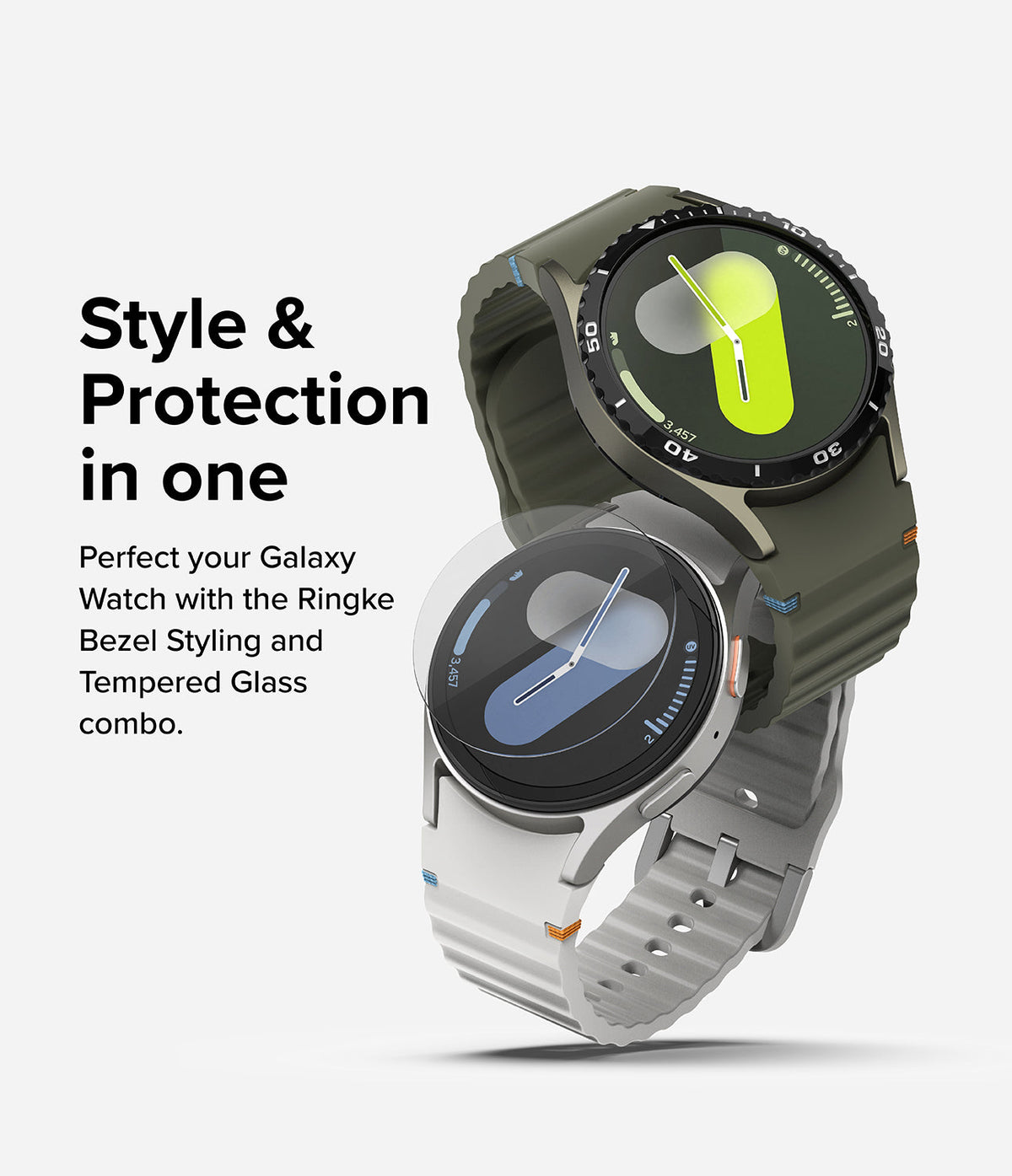 Galaxy Watch 7 (40mm) | Bezel Styling & Glass - Two Galaxy Watches with protective black bezels and glass screen covers.