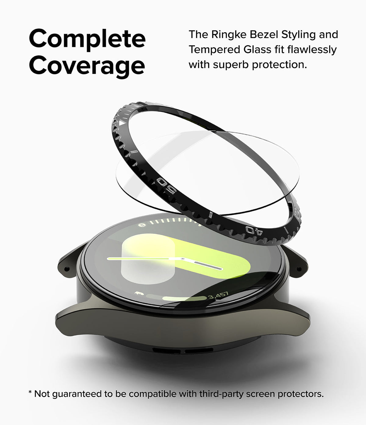 Galaxy Watch 7 (40mm) | Bezel Styling & Glass - Black bezel ring and tempered glass hovering above a Galaxy Watch 7.
