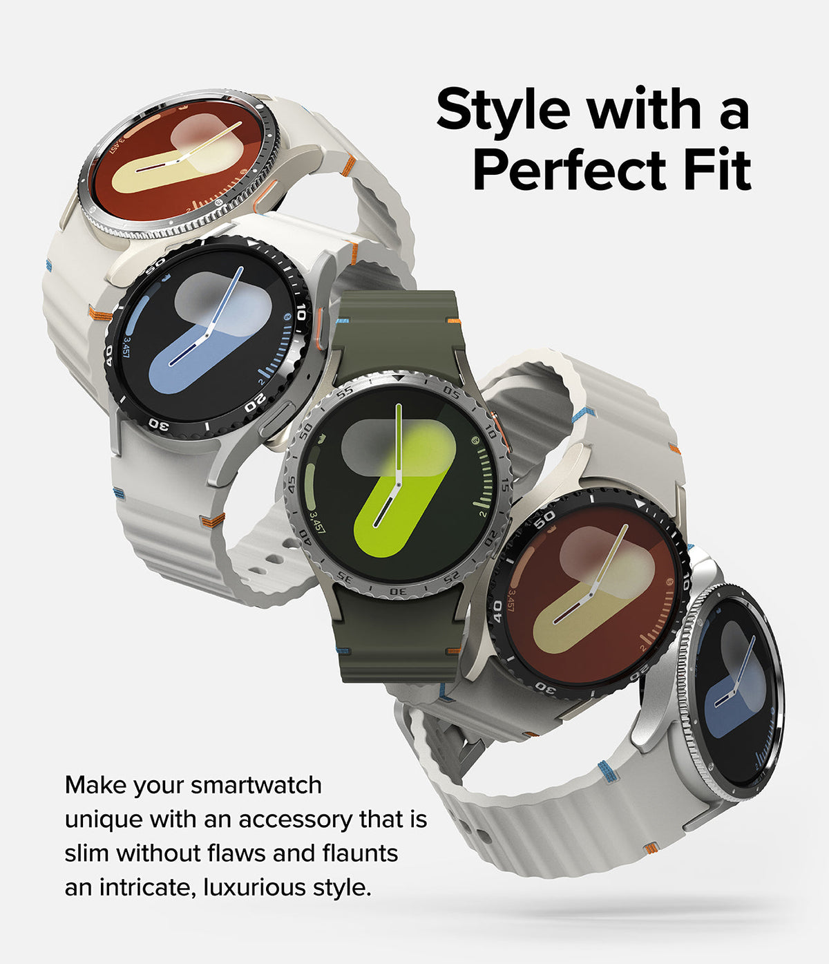 Galaxy Watch 7 (40mm) | Bezel Styling & Glass - Four Galaxy Watch 7 units with varied colored bezels and straps floating.