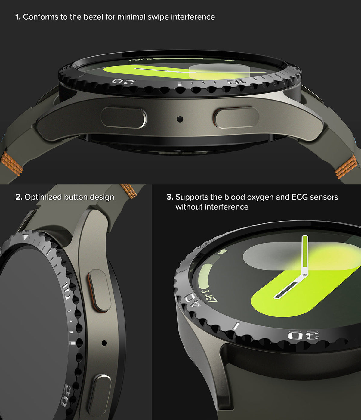 Galaxy Watch 7 (40mm) | Bezel Styling & Glass - Close-up views showing bezel fit, button access, and sensor compatibility.