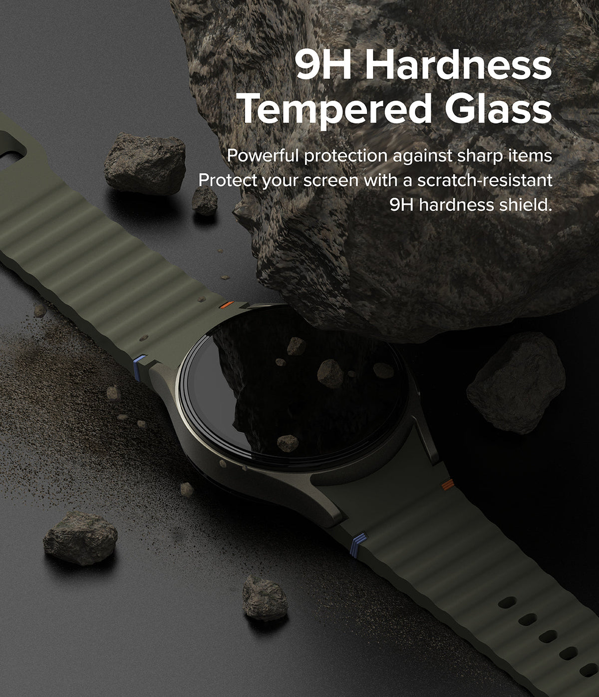 Galaxy Watch 7 (40mm) | Bezel Styling & Glass - Olive green smartwatch with 9H tempered glass screen under a large rock.