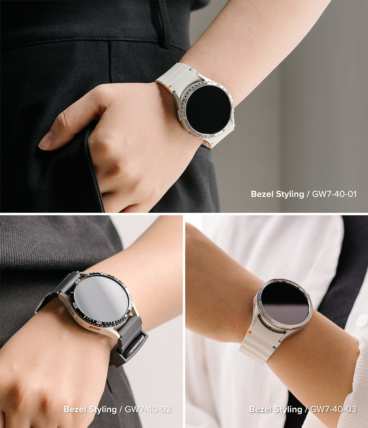 Galaxy Watch 7 (40mm) | Bezel Styling & Glass - Three close-up views of Galaxy Watch 7 models with various bezel styles.