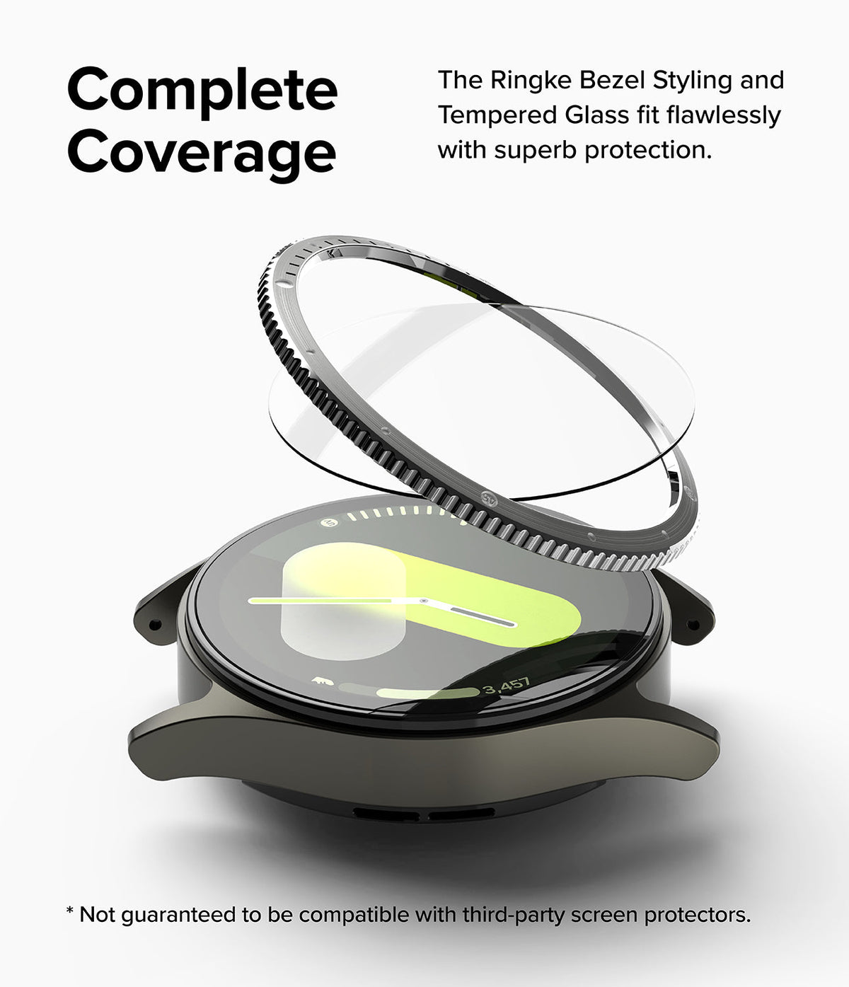 Galaxy Watch 7 (40mm) | Bezel Styling & Glass - Protective bezel and tempered glass hovering above a Galaxy Watch 7.