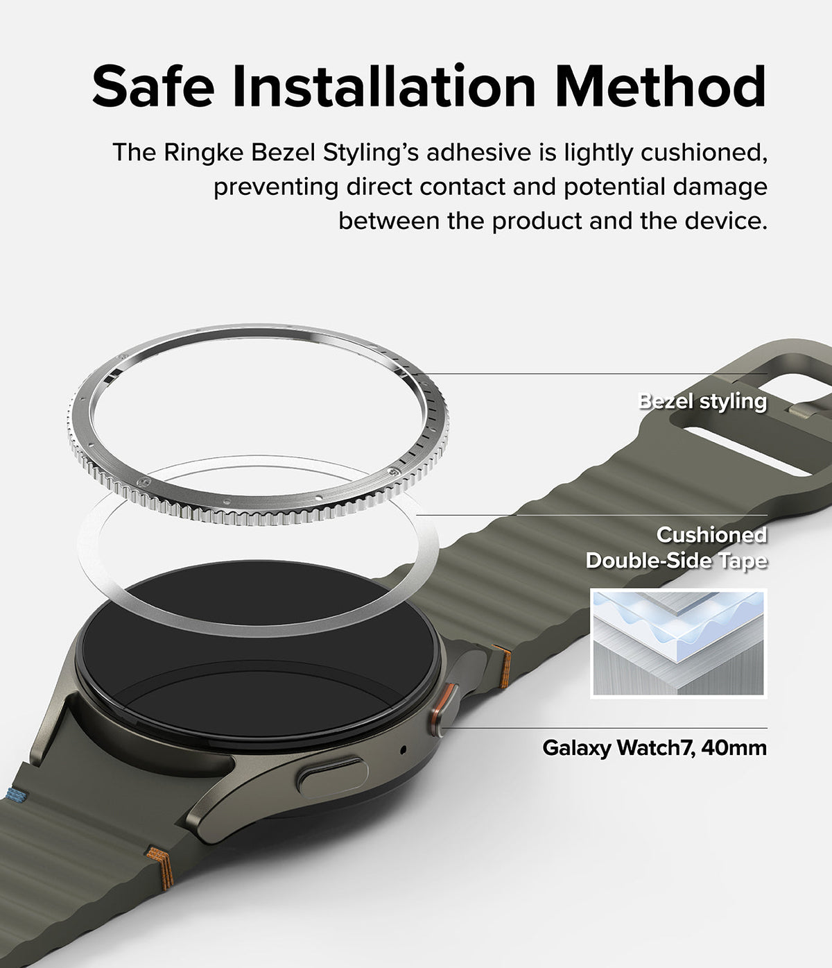 Galaxy Watch 7 (40mm) | Bezel Styling & Glass - Galaxy Watch 7 (40mm) | Exploded view showing bezel styling, adhesive tape, and watch body for safe installation.