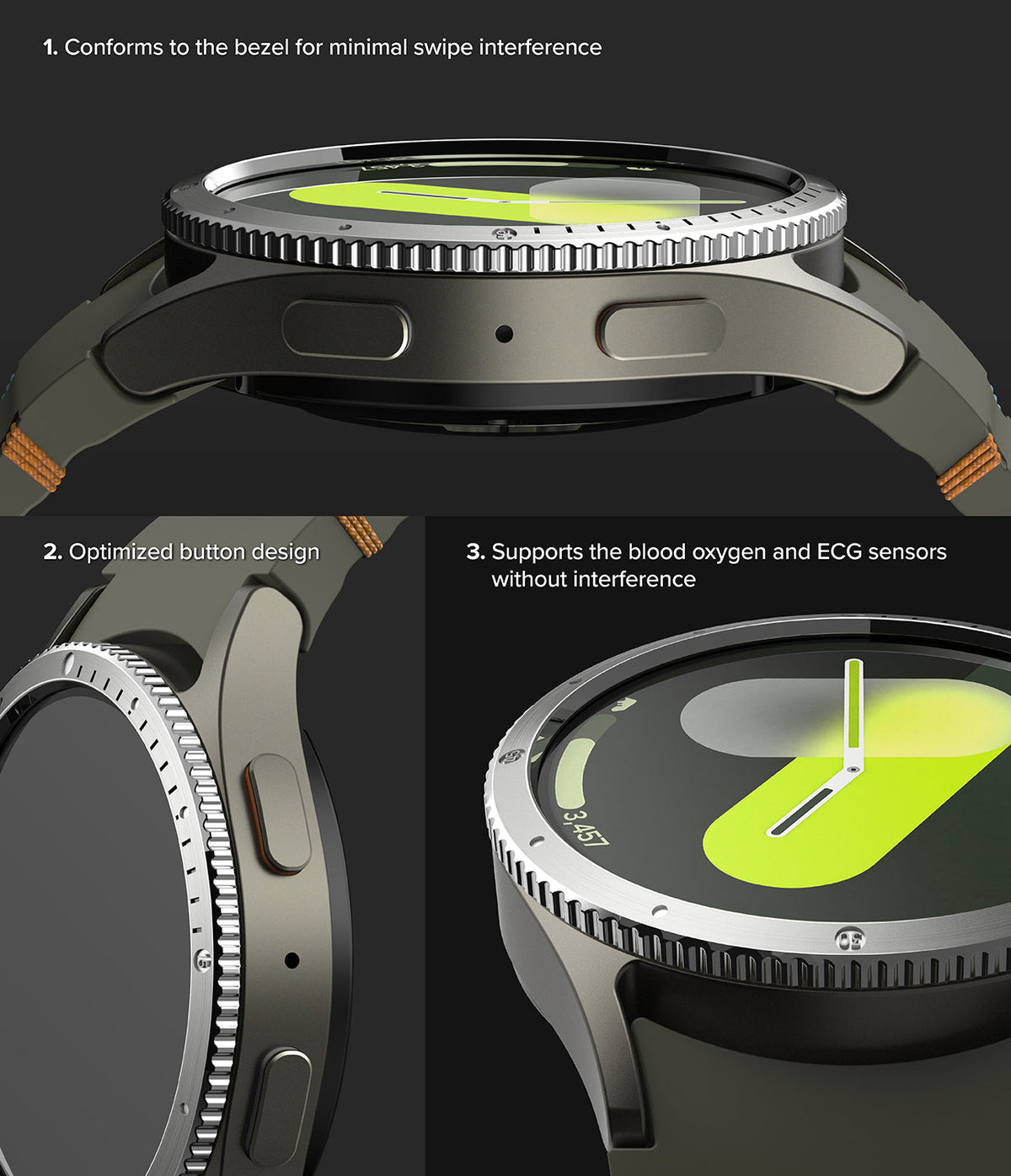 Galaxy Watch 7 (40mm) | Bezel Styling & Glass - Three close-up views showing bezel fit, button design, and sensor clearance.