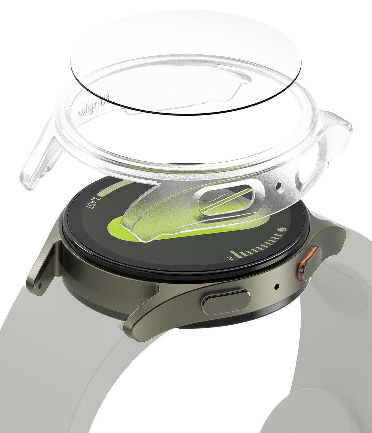 Galaxy Watch 7 (44mm) | Slim & Glass - A clear protective case and glass screen protector hovering above a Galaxy Watch 7.