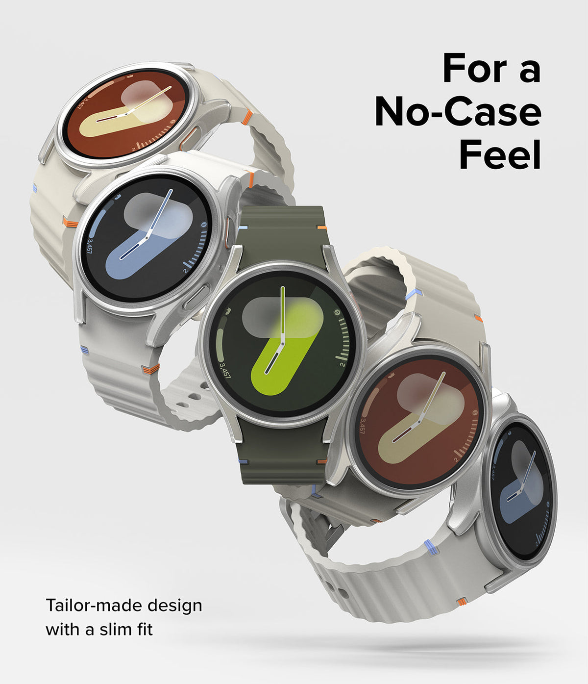 Galaxy Watch 7 (40mm) | Slim & Glass - Five Galaxy Watch 7 units in various colors arranged in a diagonal, floating stack.