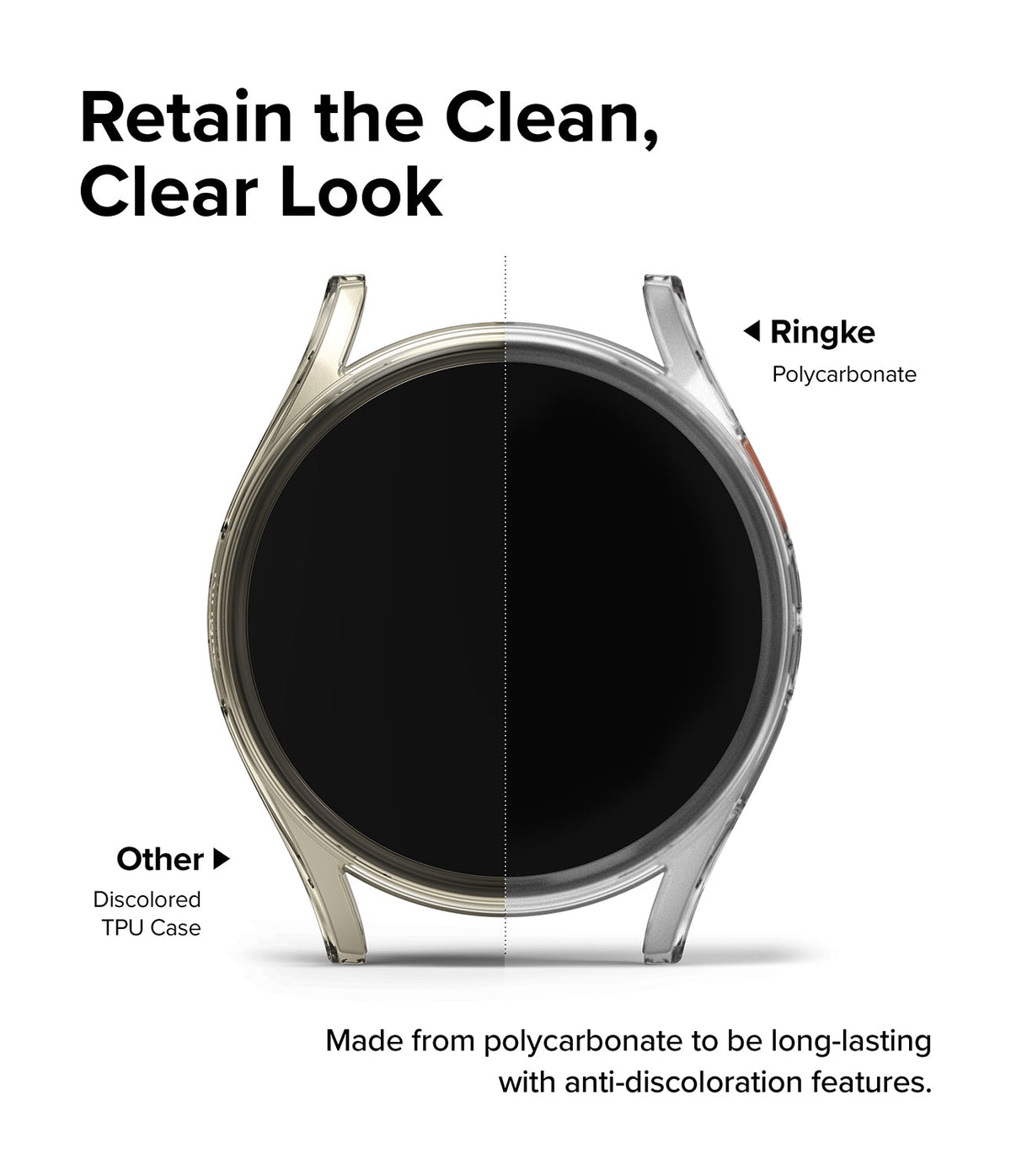 Galaxy Watch 7 (40mm) | Slim & Glass - Comparison of a clear Ringke polycarbonate case versus a yellowed TPU case.