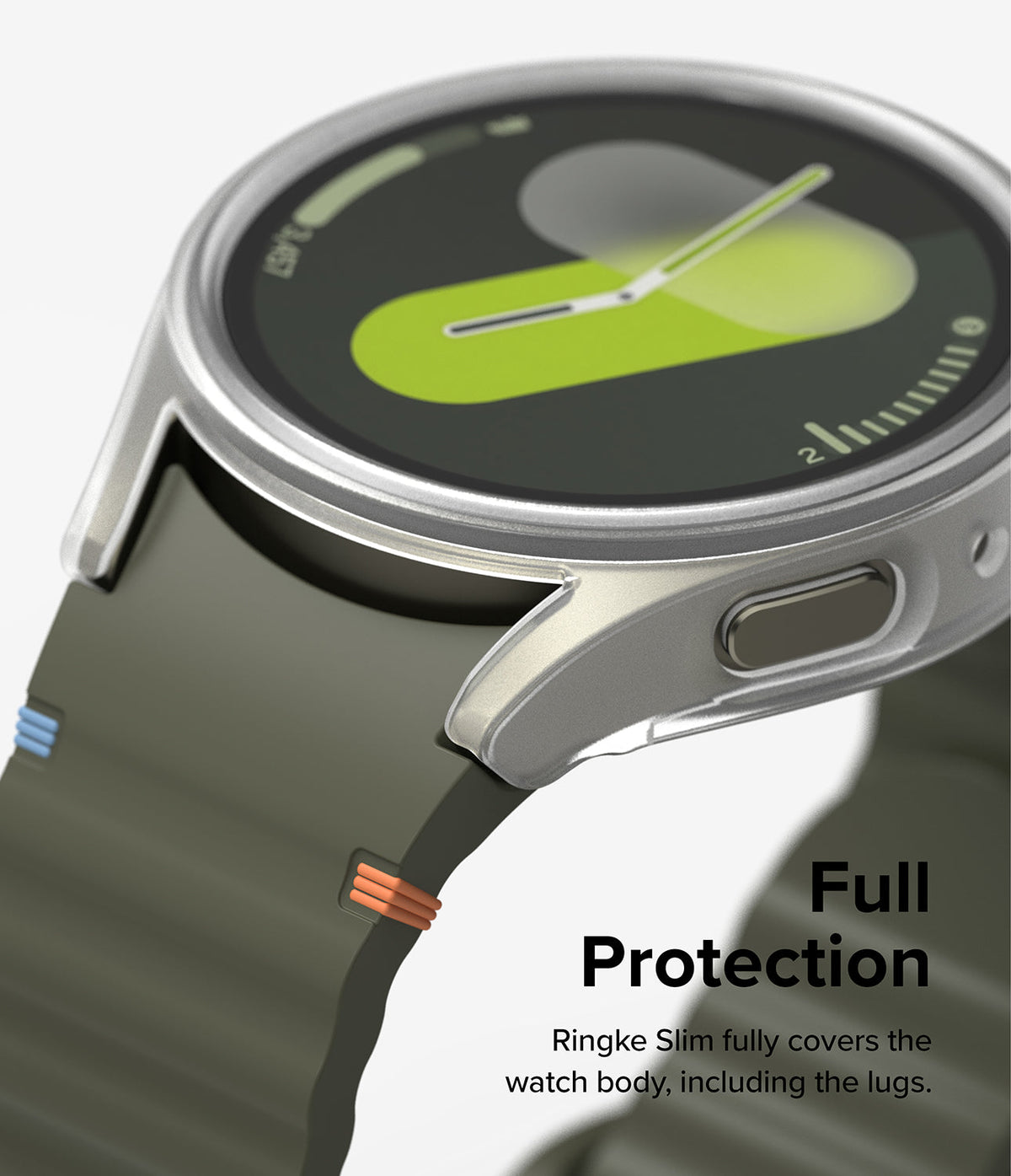 Galaxy Watch 7 (40mm) | Slim & Glass - Close-up of a clear protective case covering the Galaxy Watch 7 body and lugs.