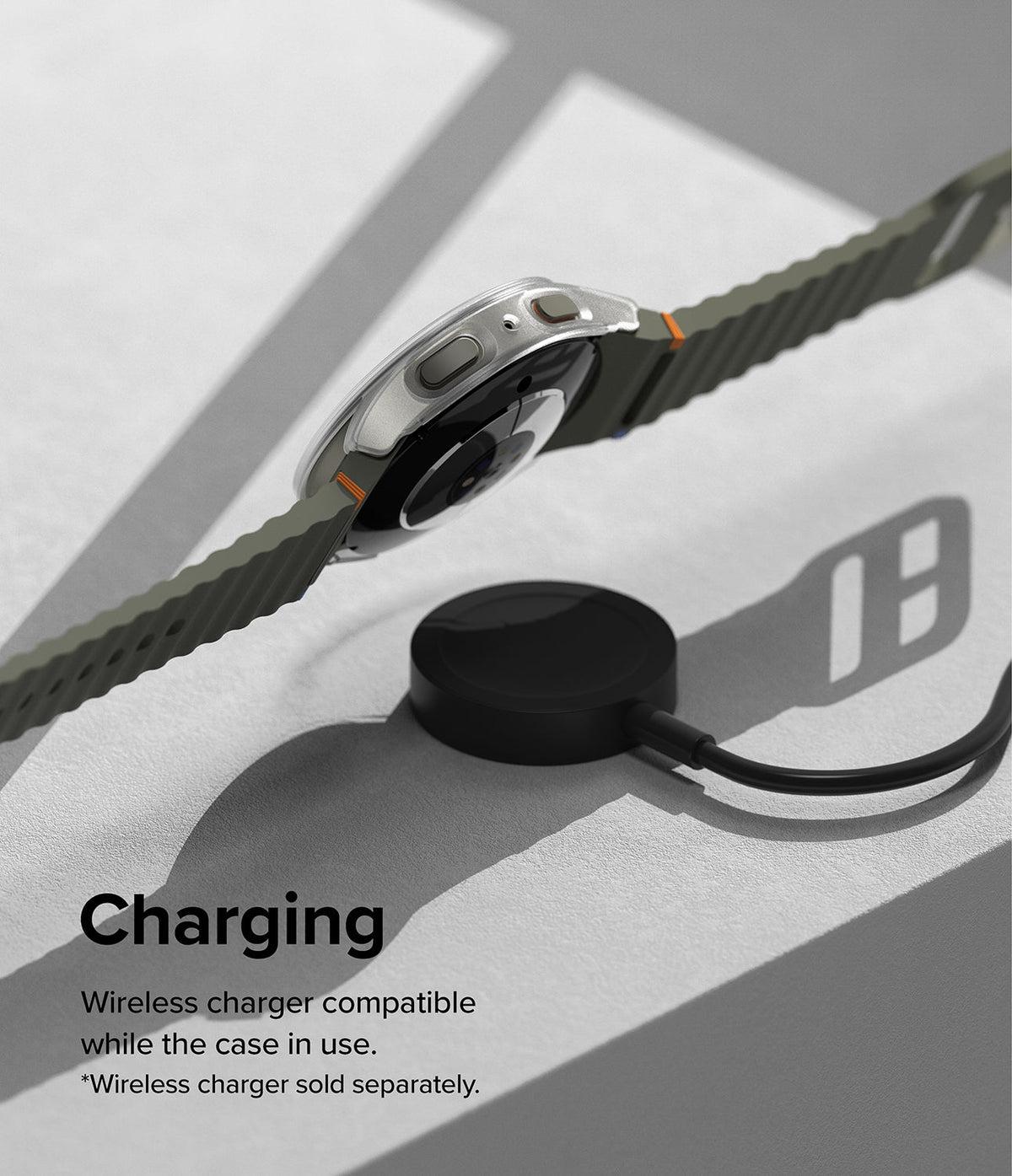 Galaxy Watch 7 (40mm) | Slim & Glass - Smartwatch with clear protective case hovering above a wireless charging puck.