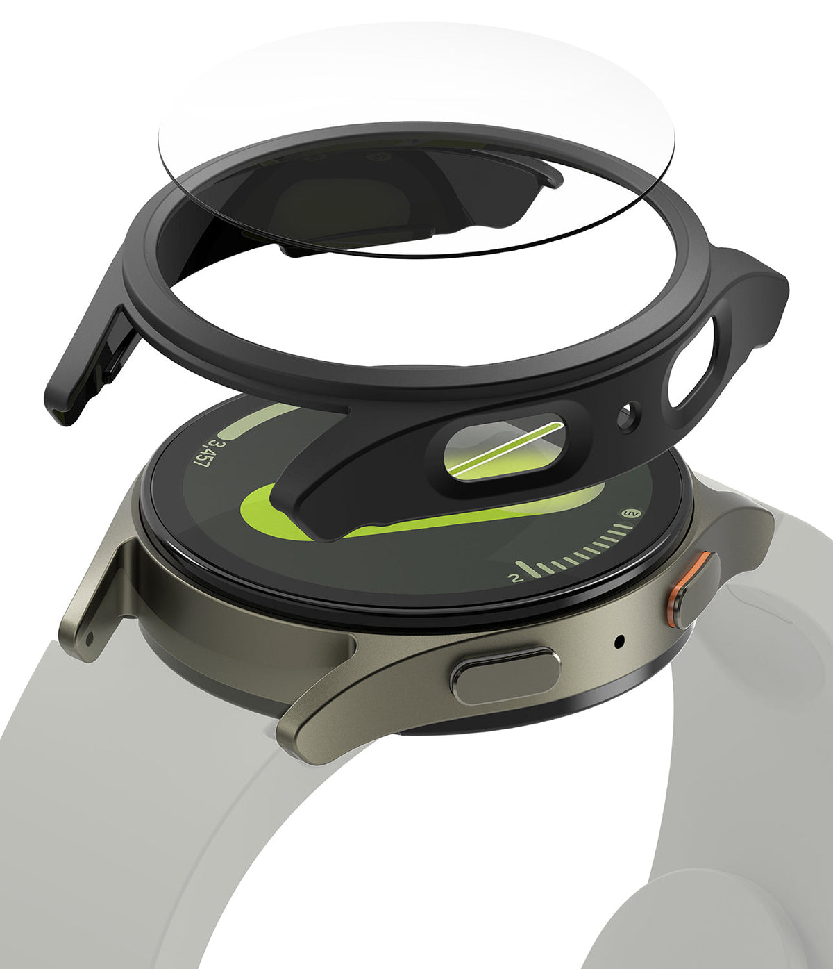 Galaxy Watch 7 (44mm) | Slim & Glass - Exploded view of a smartwatch with a protective black frame and glass screen cover.