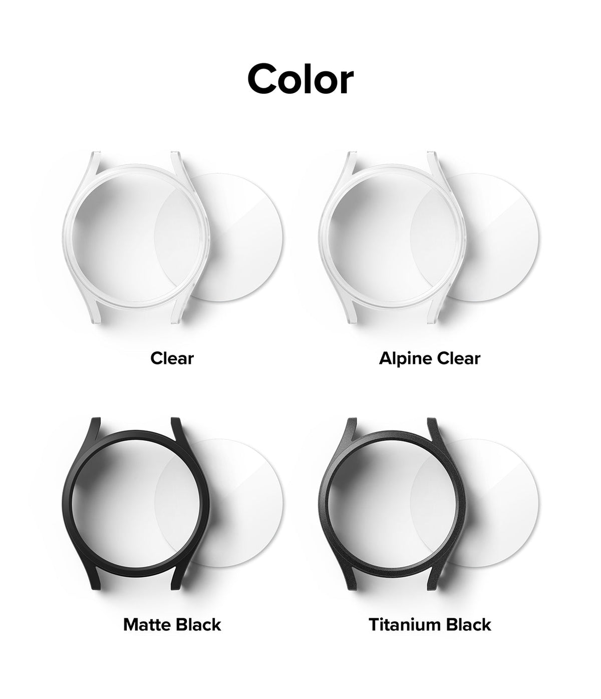 Galaxy Watch 7 (40mm) | Slim & Glass - Four watch case color options: Clear, Alpine Clear, Matte Black, and Titanium Black.